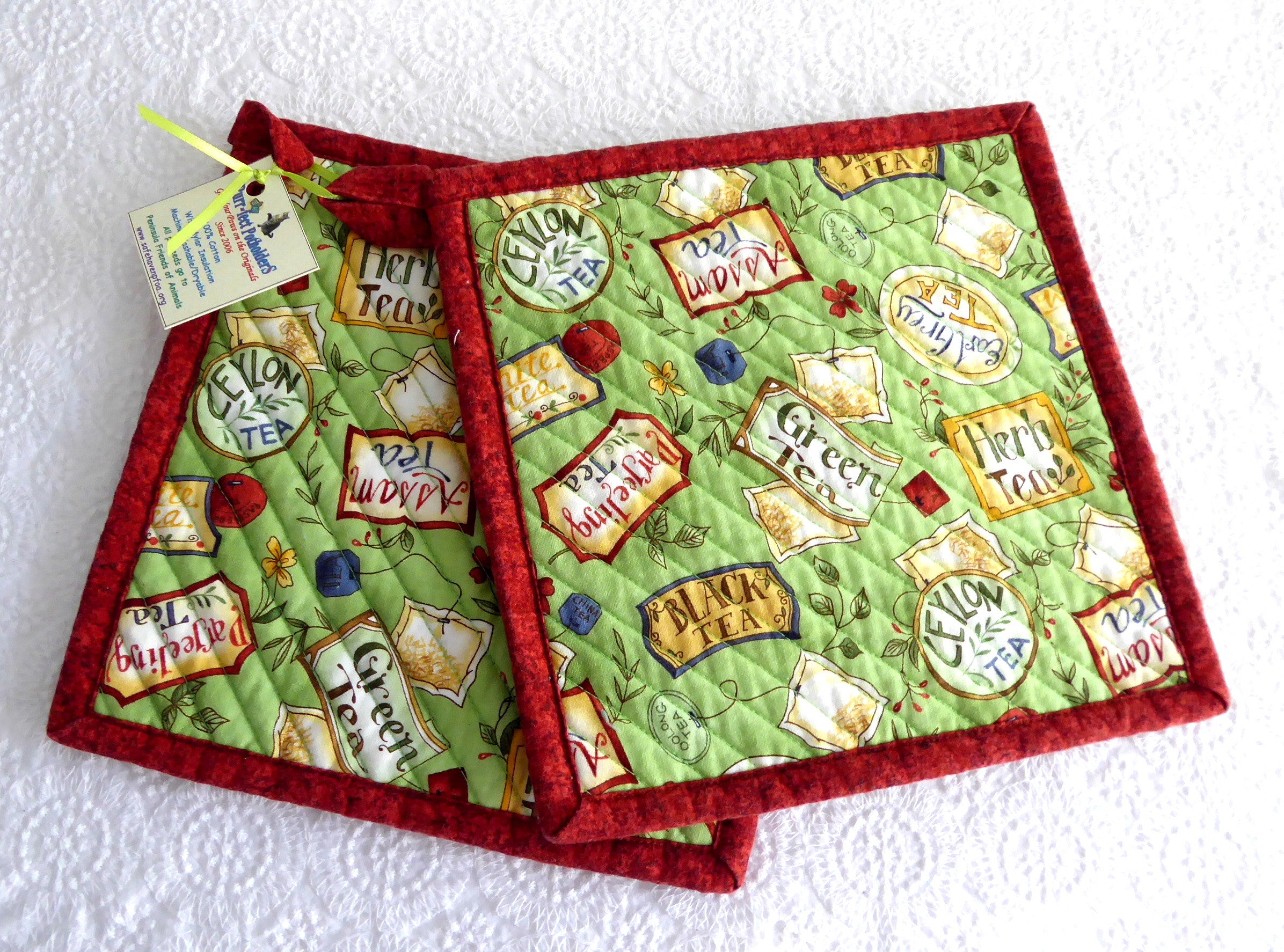Handmade Green Rust Tea Themed Padded Pot Holders Set of 2 - Heat Resistant Kitchen Mitts for Baking, Cooking & Tea Time - Supports Animal Charity
