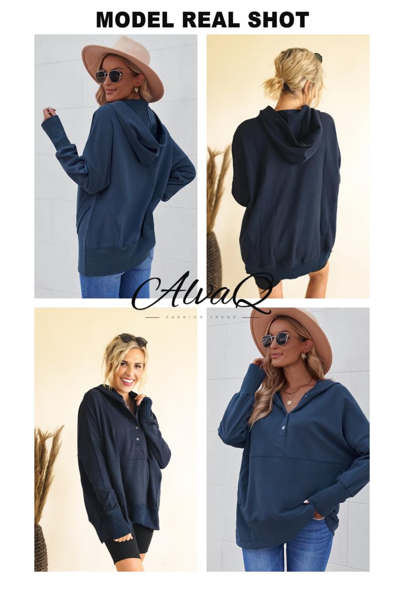 AlvaQ Women's Casual Button-Down V-Neck Hoodie - Oversized Pullover Sweatshirt with Pockets | Cozy Loungewear & Streetwear Fashion for Everyday Wear