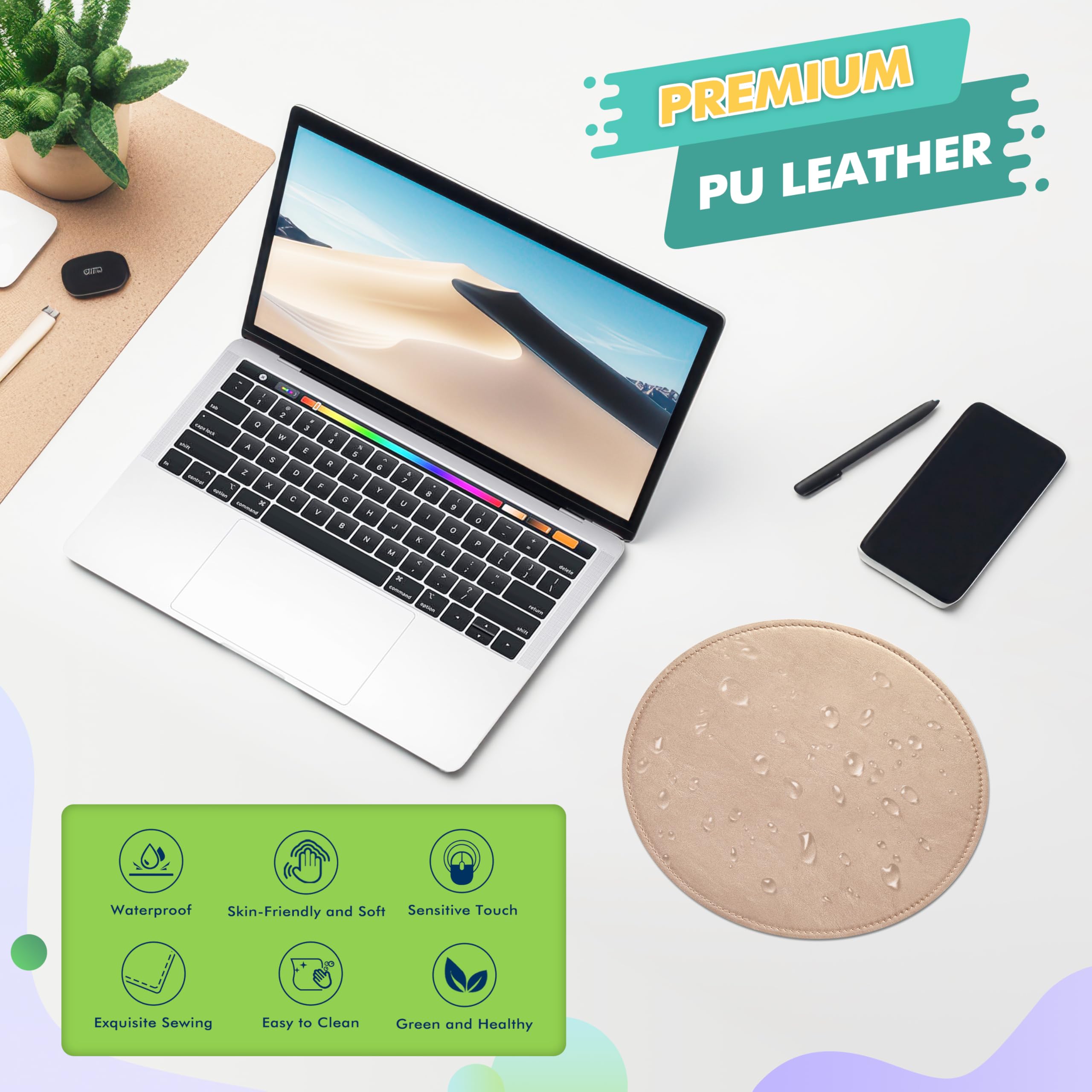 Premium Round PU Leather Mouse Pad with Stitched Edge & Non-Slip Micro-Fiber Base - Waterproof Desk Mat for Computer, Laptop, Gaming (9x9 Inch, Champagne Gold) - Perfect for Office, Home & Gaming Setups