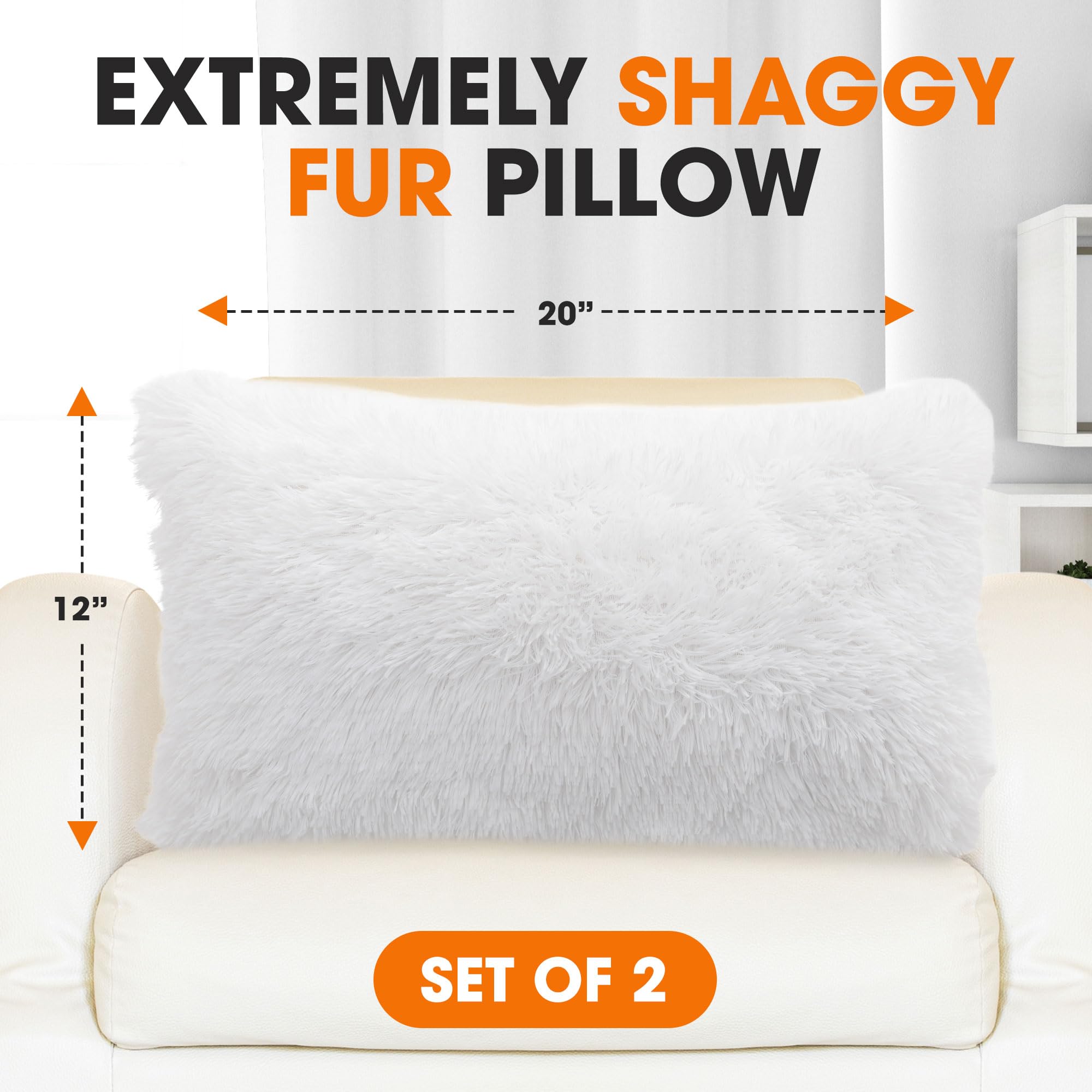 Soft Shaggy Throw Pillows Set of 2 (12x20 Inch) - Cozy Long Hair Faux Fur Couch & Bed Pillows with Inserts - White - Perfect for Living Room Decor, Sofa Accents & Bedroom Comfort