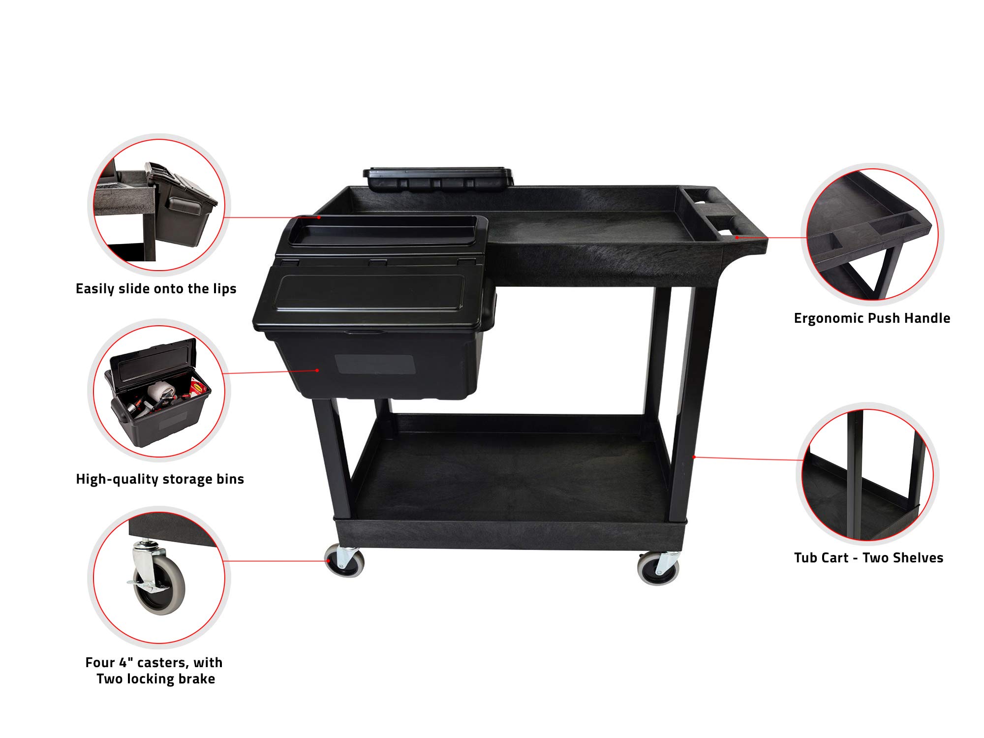 LUXOR EC11-B-OUTRIG Heavy Duty Plastic Utility Tub Cart with 2 Shelves & Outrigger Bins - 32