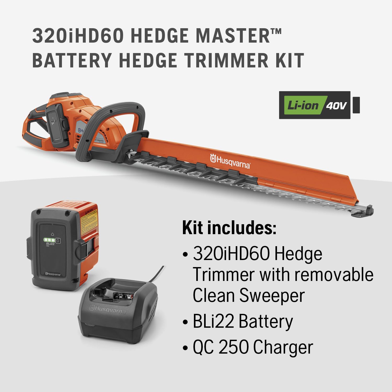 Husqvarna 320iHD60 24-Inch 40V Cordless Hedge Trimmer with Brushless Motor - Lightweight Battery-Powered Shrub Trimmer for Home & Garden Landscaping - Includes Lithium-Ion Battery & Charger - Perfect for Trimming Hedges, Bushes, and Shrubs