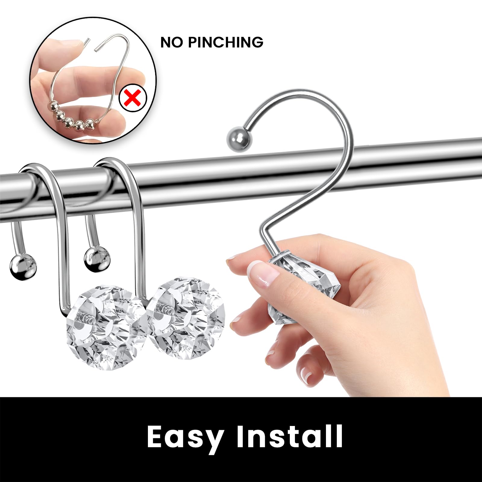 12PCS Crystal Shower Curtain Hooks - Diamond Shaped Bathroom Decor Hooks for Shower Curtains & Rods, Clear - Perfect for Modern Bathroom, Spa, Hotel & Home Decor