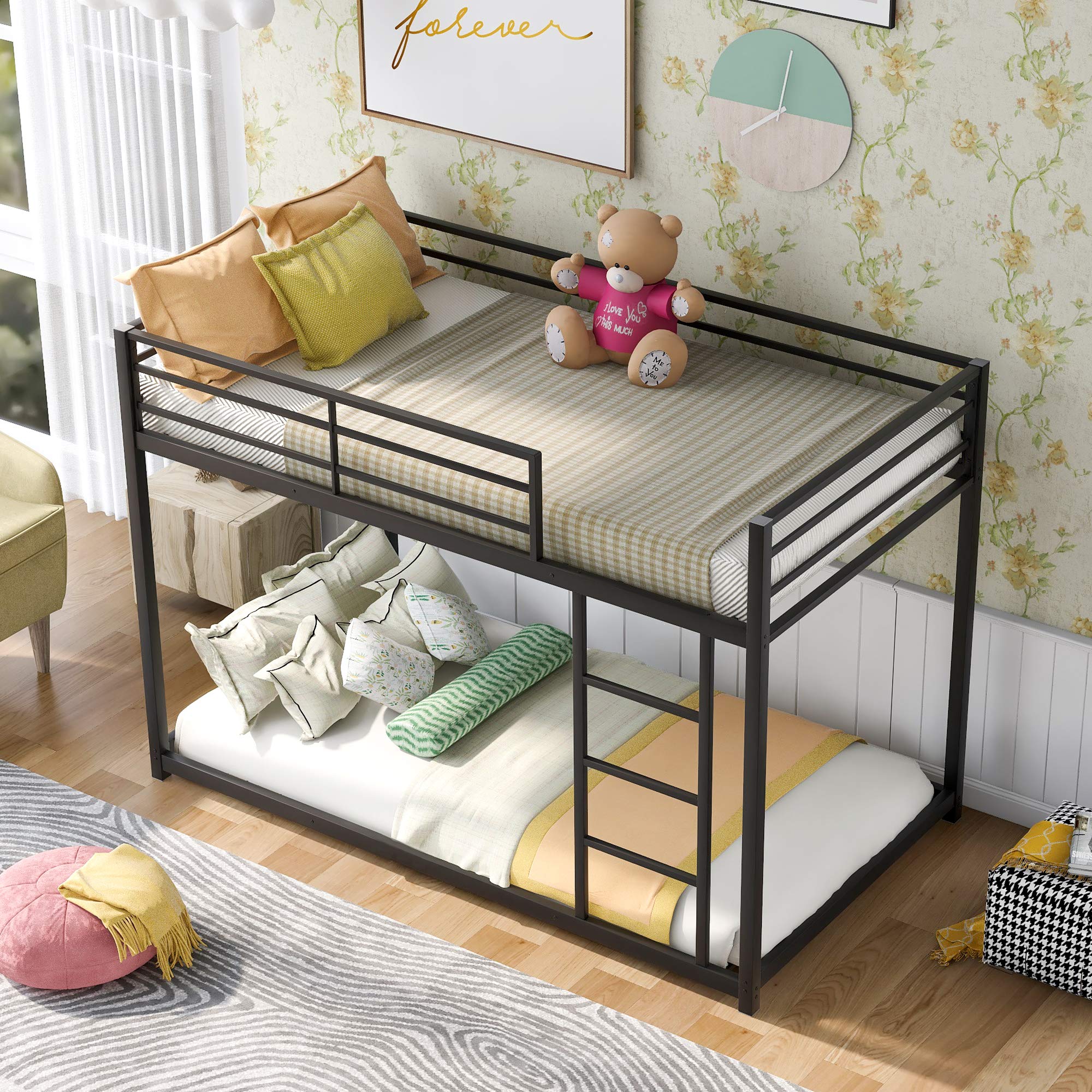 Harper & Bright Designs Twin-Over-Twin Metal Bunk Bed - Heavy Duty Low Profile Bunk Bed with Safety Guard Rails & Ladder, Space Saving Kids Bedroom Furniture (Black) - Perfect for Small Rooms, Shared Kids Bedrooms & Sleepovers