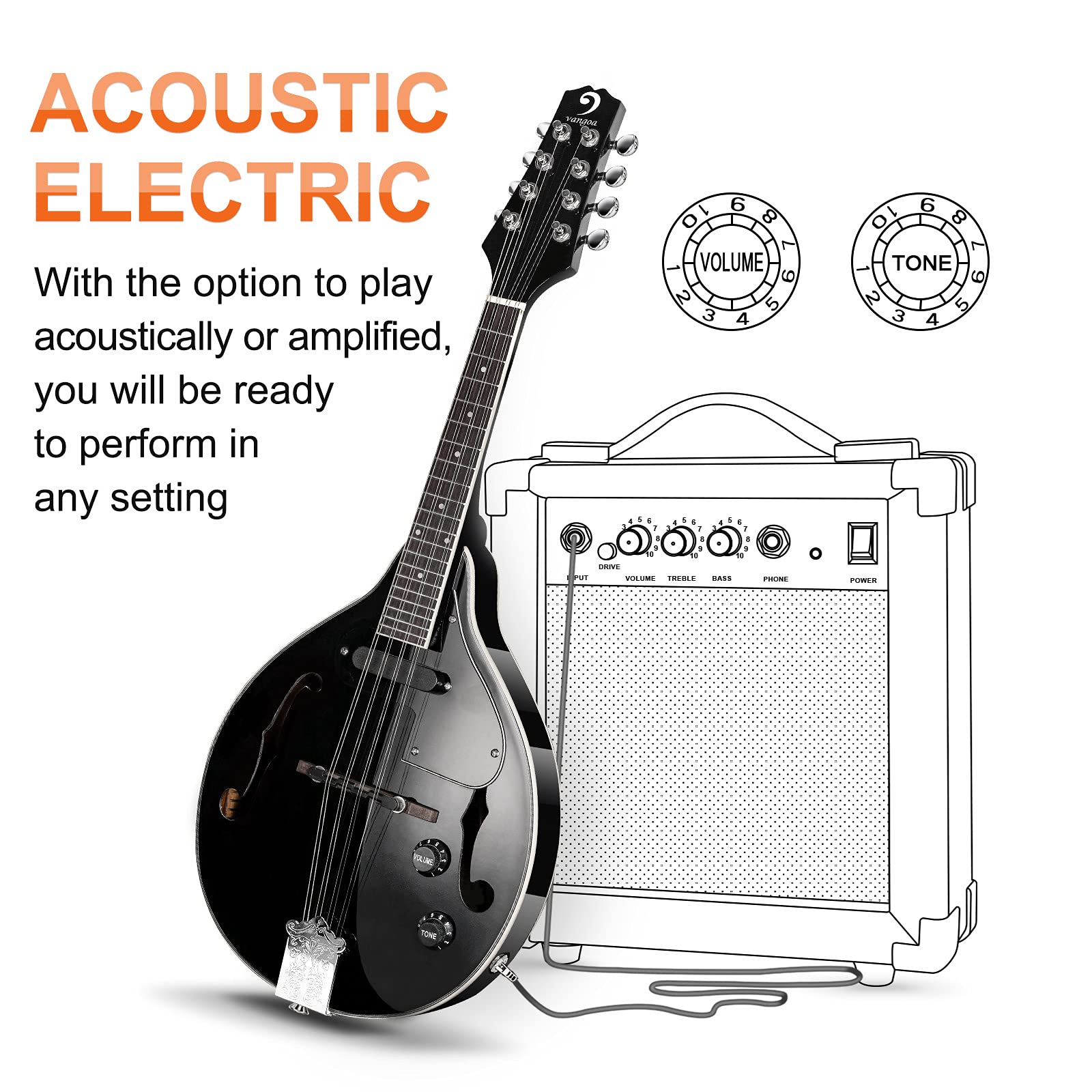 Vangoa A-Style Mahogany Acoustic-Electric Mandolin for Beginners - Professional Quality Musical Instrument for Adults, Teens & Kids (Black) | Perfect for Bluegrass, Folk Music & Live Performances
