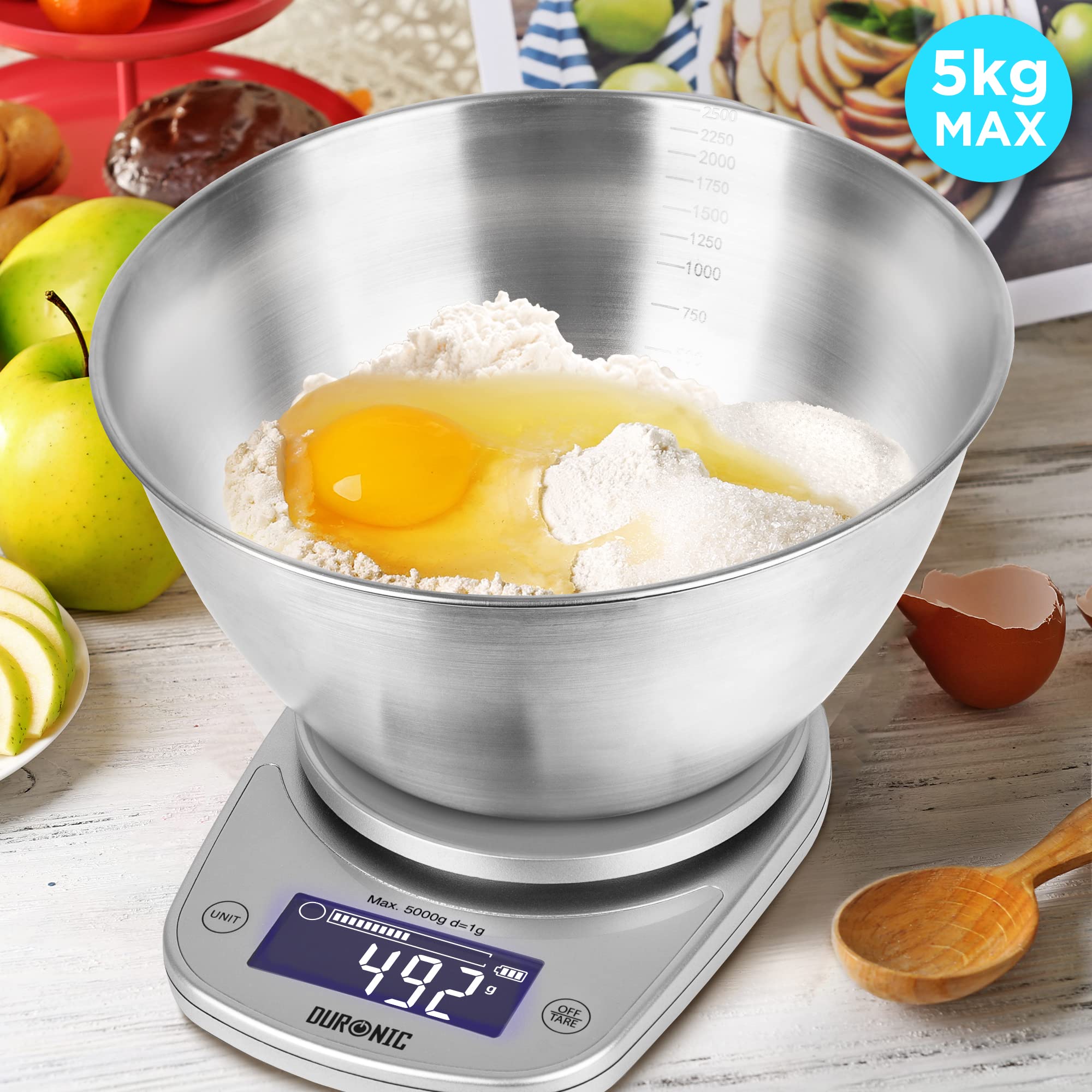 Duronic KS5000 Digital Kitchen Scale with Bowl - Precision Weighing Scale for Cooking, Baking, Pet Food & Postal Use - Backlit LCD Display | Perfect for Meal Prep, Portion Control & Recipe Accuracy