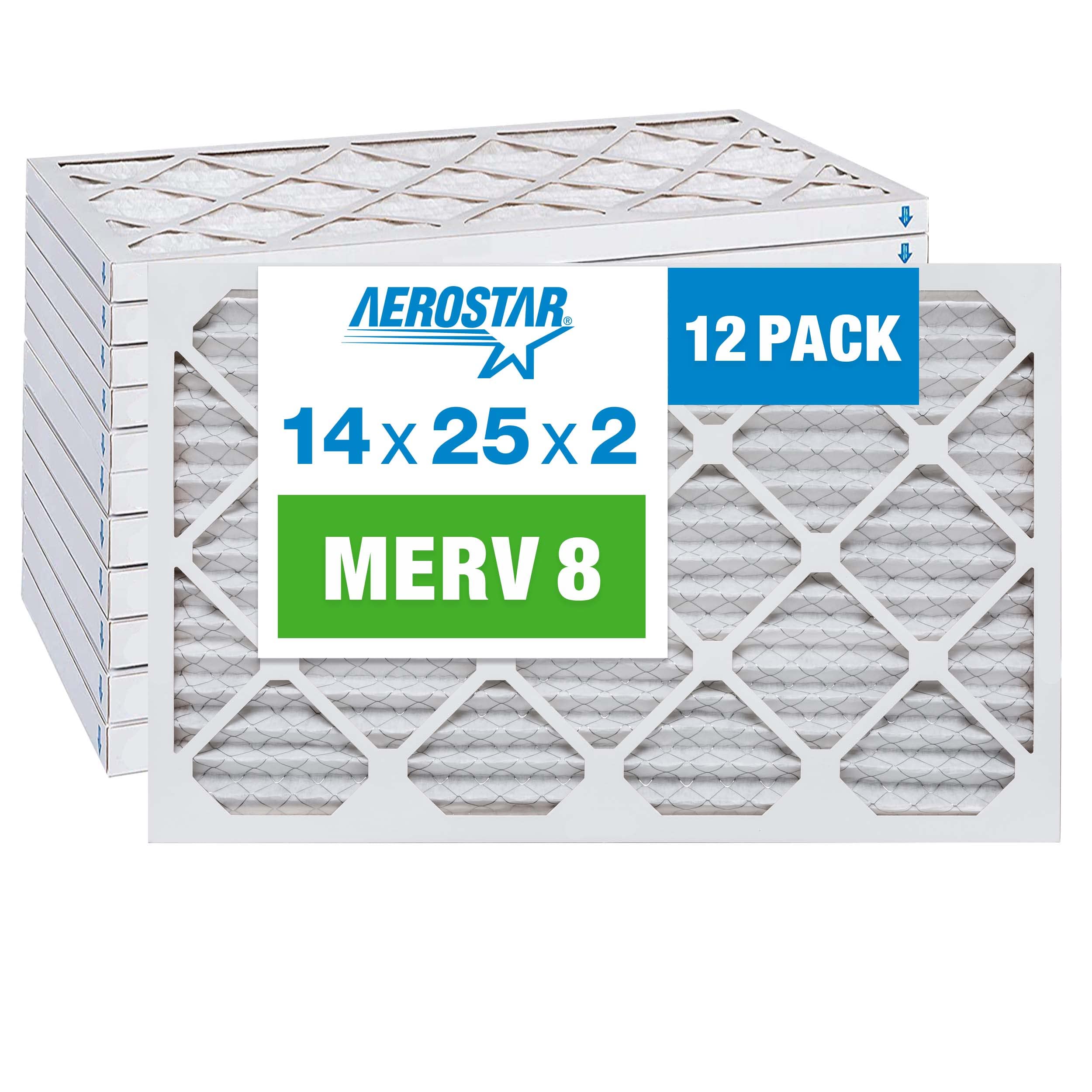 Aerostar 14x25x2 MERV 8 Pleated Air Filter - 12 Pack for AC, Furnace & HVAC Systems - Actual Size 13.5x24.5x1.75 Inches - Traps Dust, Pollen & Allergens - Perfect for Home, Office & Commercial Use
