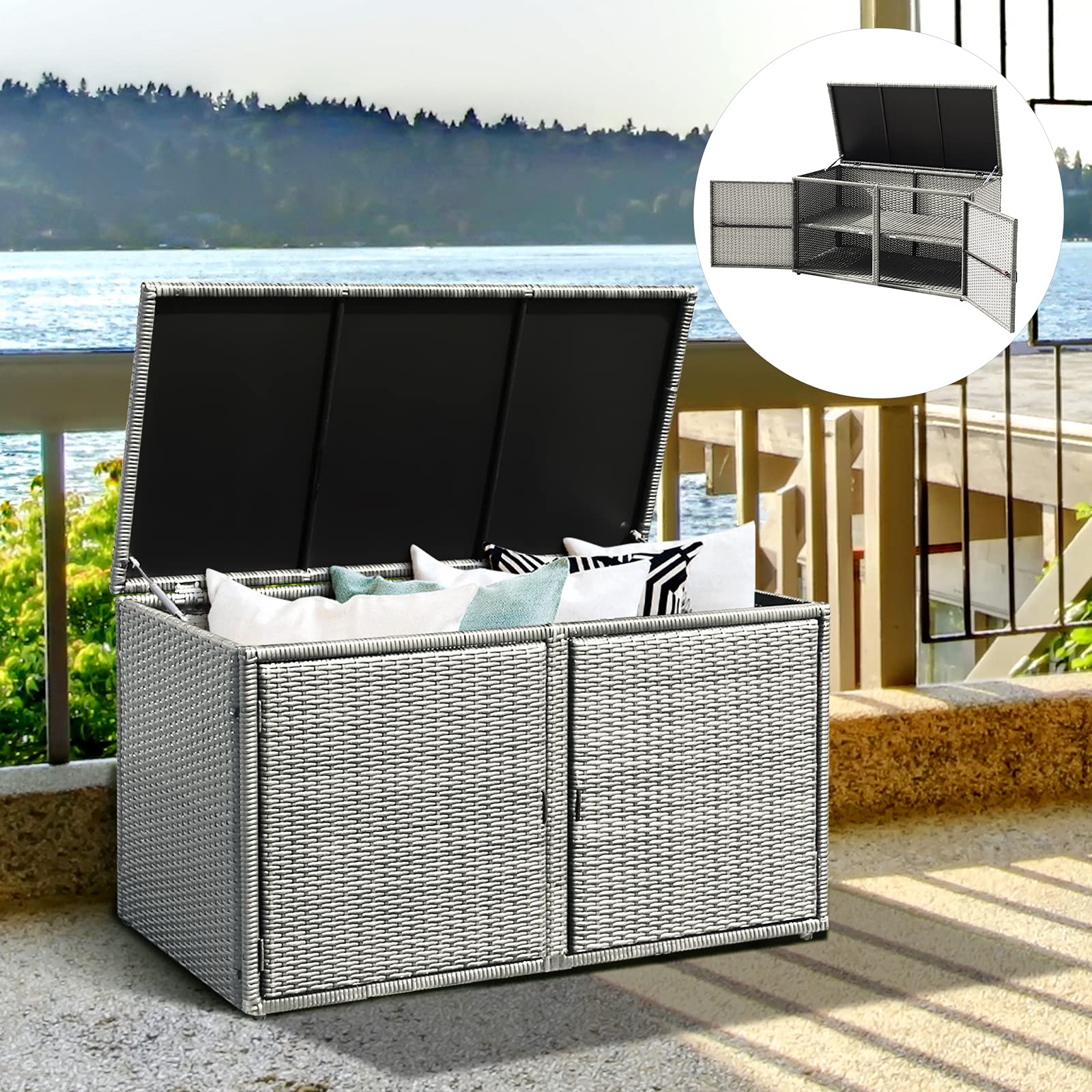 Outdoor Deck Box with Steel Frame & Rattan Wicker - Waterproof Patio Storage for Pool Toys, Garden Tools & Furniture - Perfect for Balcony, Porch & Yard Organization