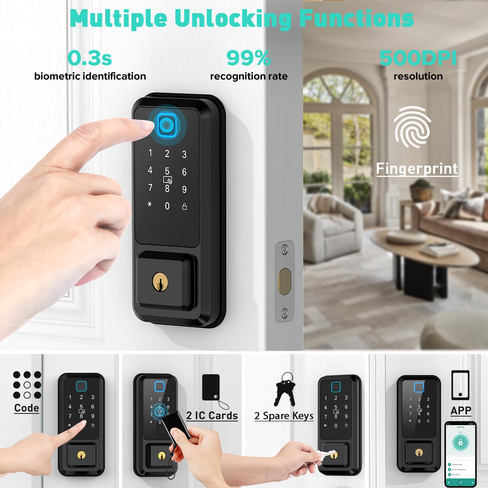 Butimu Smart WiFi Front Door Lock Set - Fingerprint, Keyless Entry & Keypad Door Lock with Handle - Alexa Compatible Auto Lock for Home Security (Black) - Perfect for Apartments, Vacation Homes & Rentals