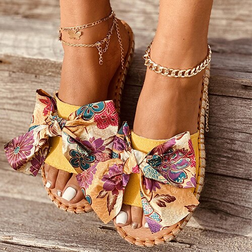 Lovevop Women's Summer Bowtie Print Slides - Casual Beach Slippers for Women, Plus Size Flat Sandals | Back to School Outfit, Sewing Flats, Female Footwear for Relaxing at Home or Vacation