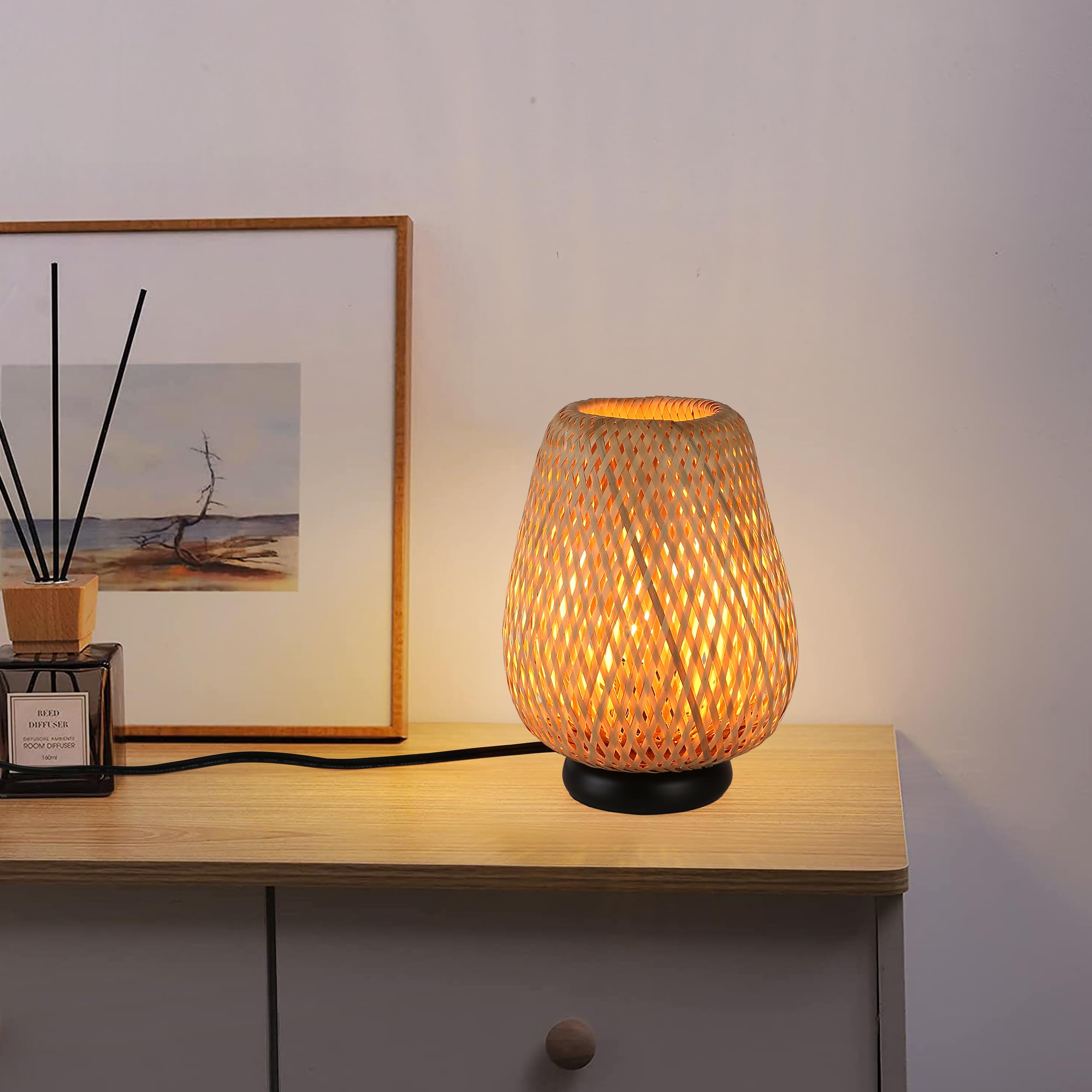 Boho Handmade Bamboo Rattan Table Lamp with Woven Cylinder Shade & Metal Base - Industrial Wicker Desk Light for Living Room, Bedroom, Farmhouse - Perfect for Cozy Home Decor & Reading Nook Ambiance