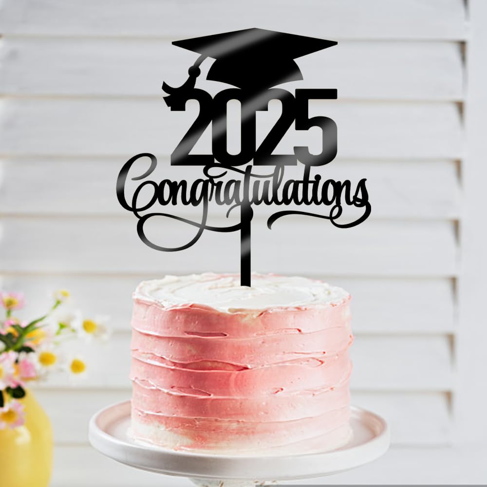 2025 Graduation Cake Topper - Acrylic Black Congratulations Grad Decor for High School & College Graduation Parties - Perfect for Graduation Cakes, Cupcakes & Dessert Tables - Class of 2025 Graduation Decorations