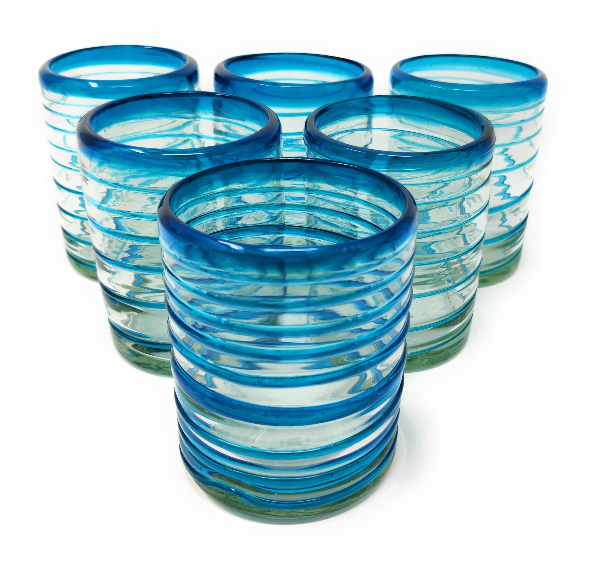 Hand Blown Mexican Drinking Glasses Set of 6 - 10oz Aqua Spiral Design Tumbler Glasses for Margaritas, Cocktails & Iced Tea - Durable & Unique Glassware for Home Bar, Restaurant or Party Use
