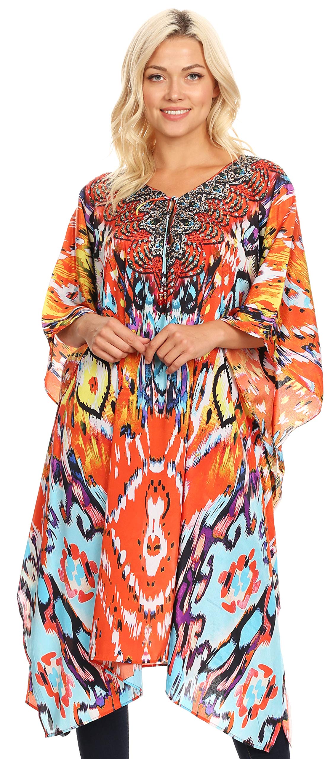Sakkas Jenni Women's Boho Caftan Dress - Flowy Mid-Length Kaftan with Rhinestone Details | Perfect for Beach Cover Up, Summer Vacation & Boho Fashion Outfits