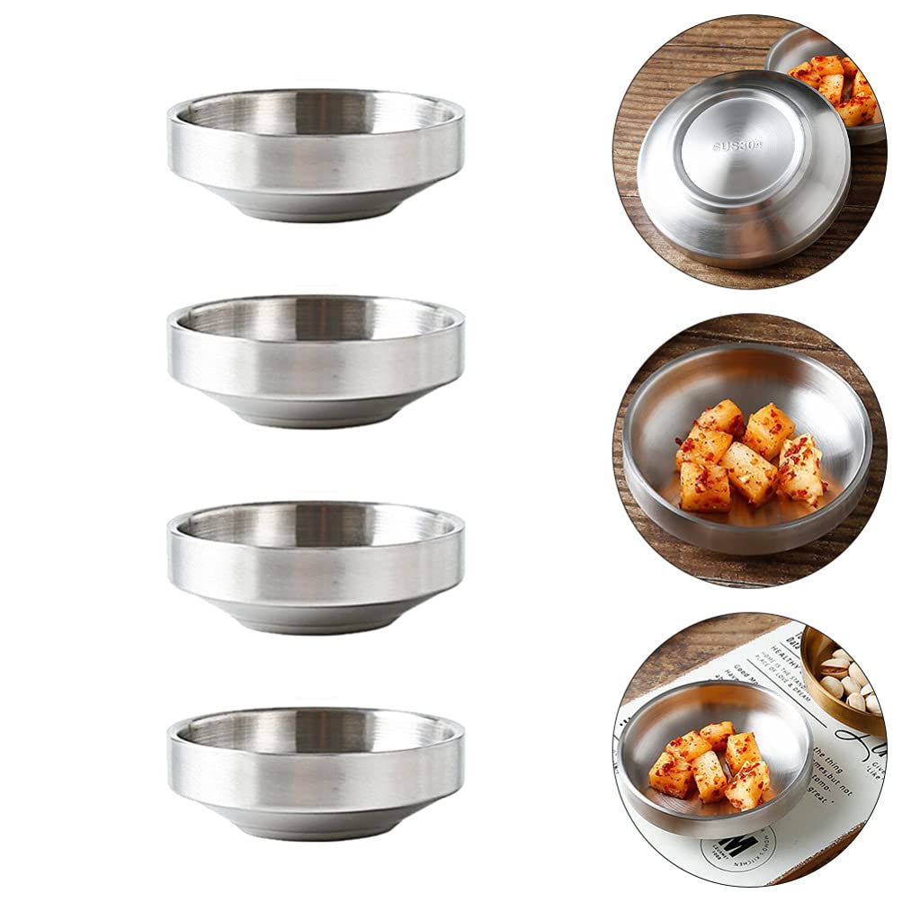 Hemoton 4-Piece Stainless Steel Double Layer Kimchi Bowls - Mixing Bowls for Appetizers, Dips, Sauces & Asian Spices - Perfect for Sushi, Korean Dishes & Food Tasting - Durable Metal Dipping Plates for Home & Restaurant Use
