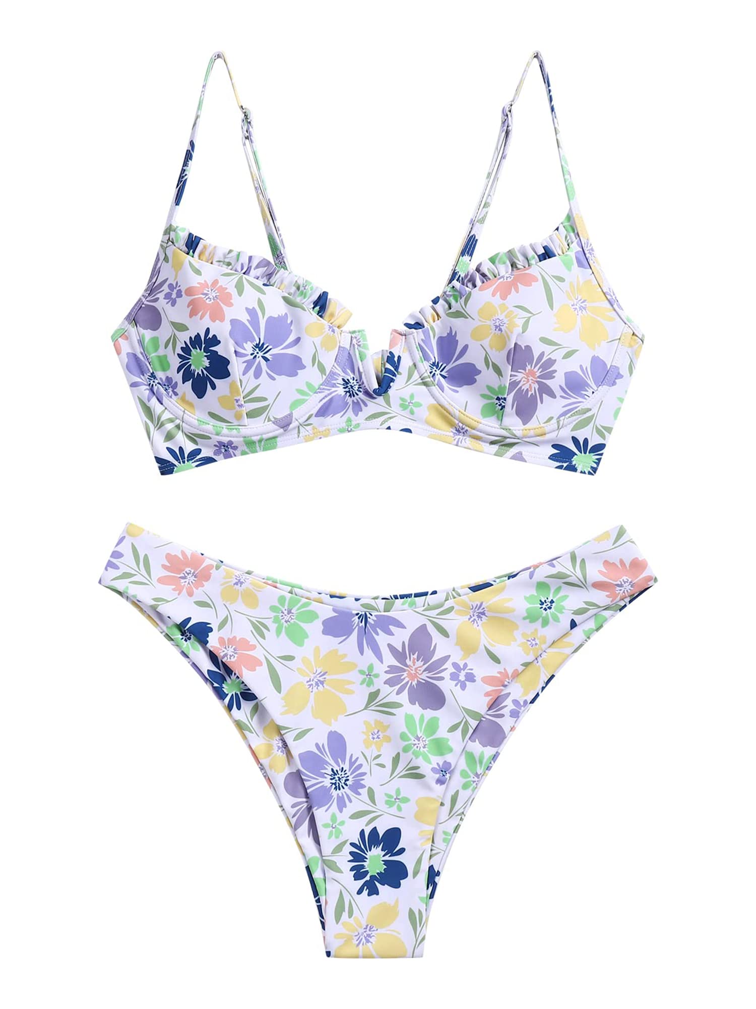 ZAFUL Women's Floral Underwire Bikini Set - High Cut V-Wired Two Piece Swimsuit for Beach & Pool