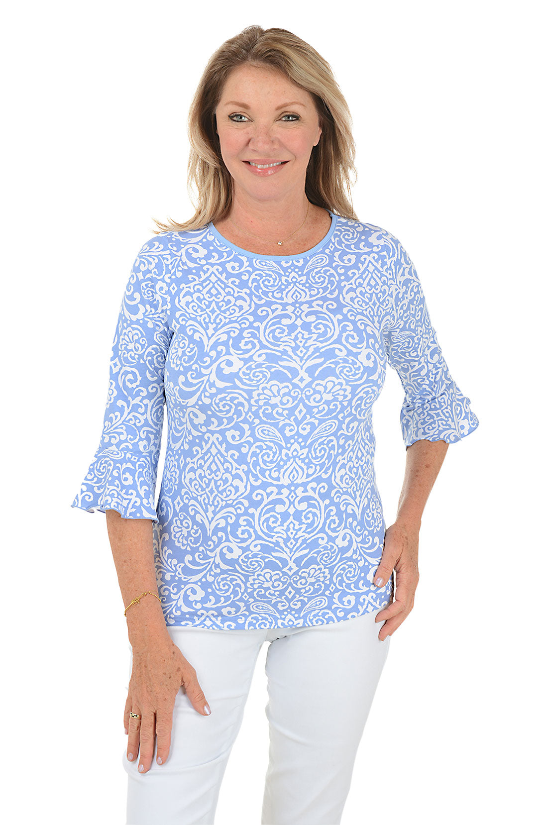 Filly Michelle Women's Ruffled Bell Sleeve Blouse - Elegant Floral Print Tunic Top for Casual Wear, Date Night & Office Outfits