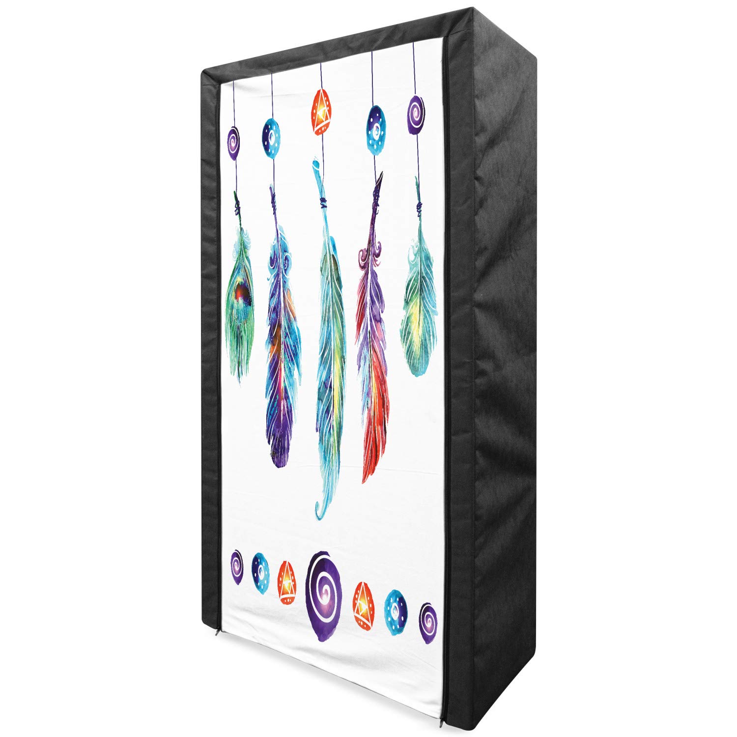Ambesonne Boho Portable Fabric Wardrobe - Tribal Feather Design Hippie Style Clothing Organizer with Shelves, 33.5 Inch Multicolor Storage Closet for Bedroom, Closet & Dorm Organization | Perfect for Small Spaces & Travel