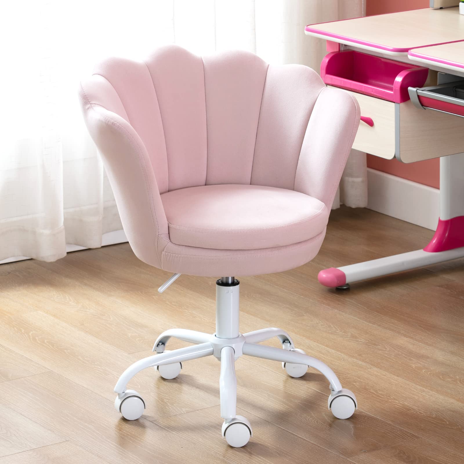 PDTXCLS Velvet Kids Desk Chair - Adjustable Swivel Task Chair for Girls, Light Pink - Perfect for Bedroom, Study Room, Makeup Vanity & Computer Desk