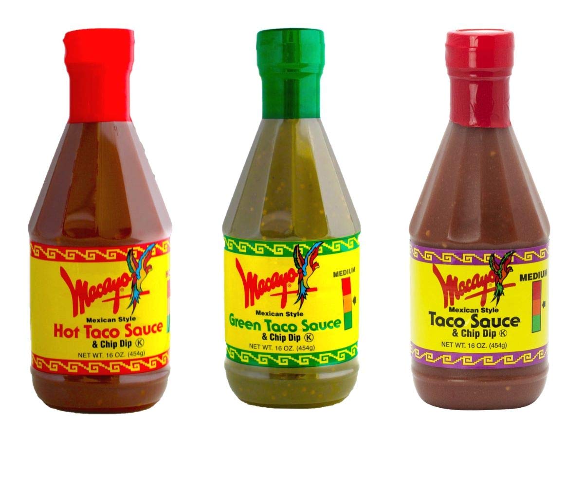 Macayo's Mexican Style Taco Sauce & Chip Dip 16oz 3 Pack (Hot, Medium & Green Sauce) - Perfect for Tacos, Nachos, Burritos & Party Dips