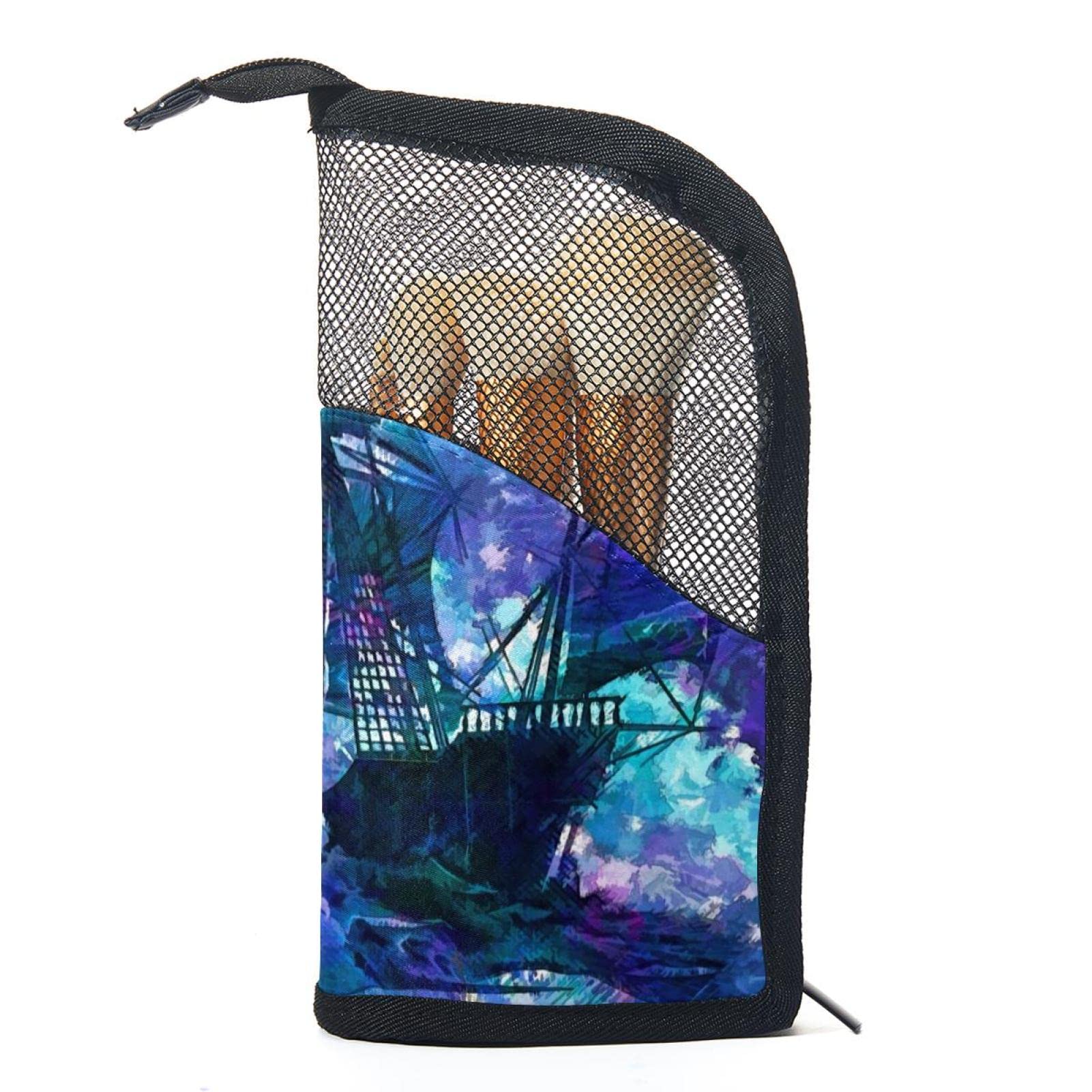 12-Piece Makeup Brush Organizer Bag with Watercolor Ocean Sailboat Design - Portable Travel Cosmetic Brush Holder Case for Home, Travel & Professional Use