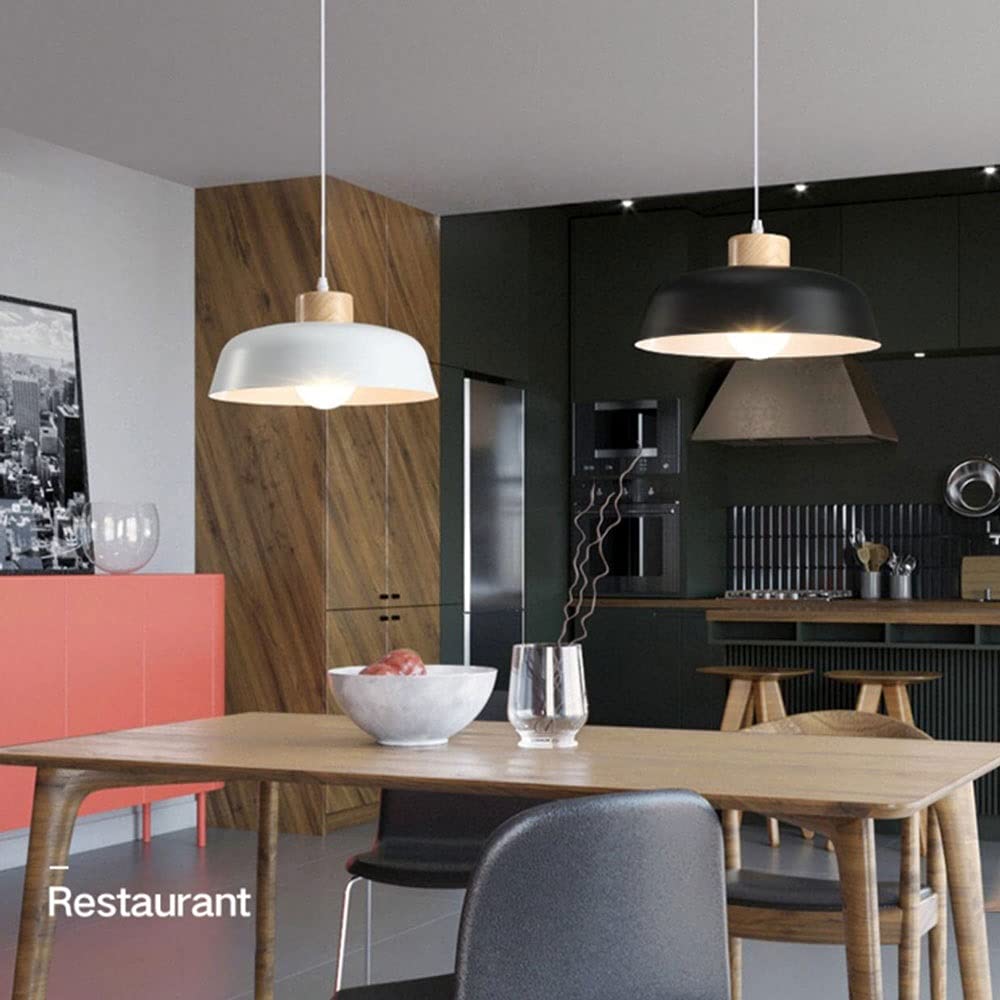Nordic Wood Hanging Light - Modern Metal Lampshade Pendant Lighting with Wooden Dome, Black Suspension Lamp for Kitchen Island, Dining Room, Coffee Bar & Home Decor | Perfect for Farmhouse, Industrial & Scandinavian Interior Design