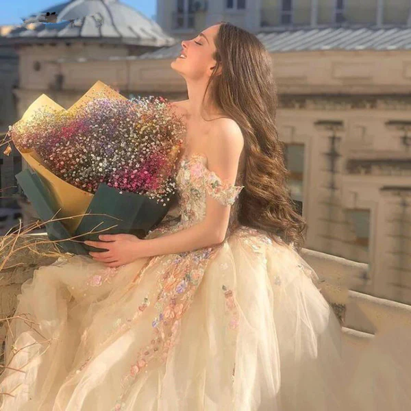 Elegant Off Shoulder Floral A-Line Prom Dress with 3D Flowers - Formal Party Gown for Sweet 16, Homecoming, Ball & Special Occasions - Style J5040