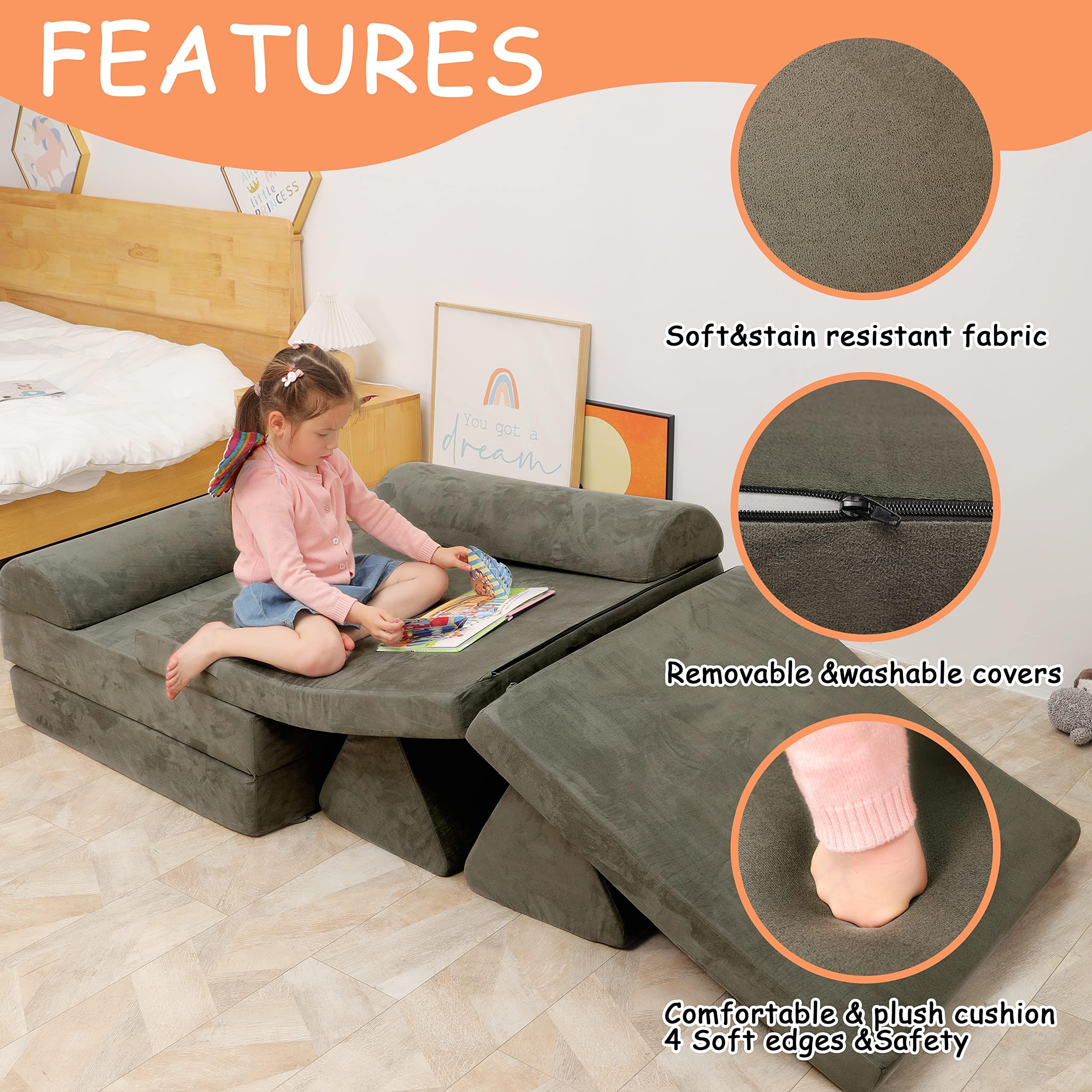 **Large Modular Play Couch for Kids – Convertible Foam Cushion Sofa for Boys & Girls, Charcoal Grey – Perfect for Playroom, Bedroom & Building Forts**