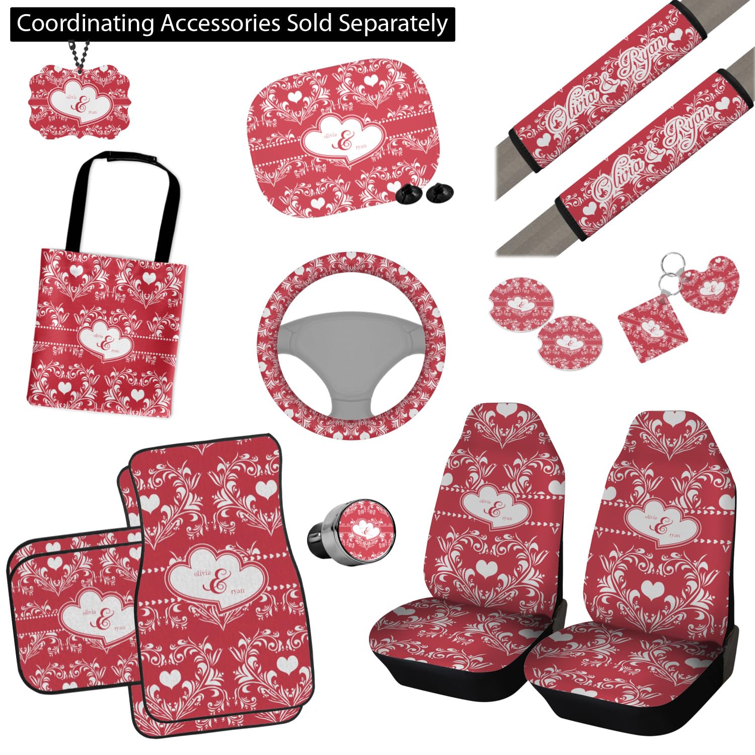 Custom Heart Damask Car Floor Mats Set - 2 Front & 2 Rear Mats for Cars, SUVs & Trucks | Waterproof & Non-Slip Protection | Perfect for Valentine's Day Gifts & Car Interior Decor