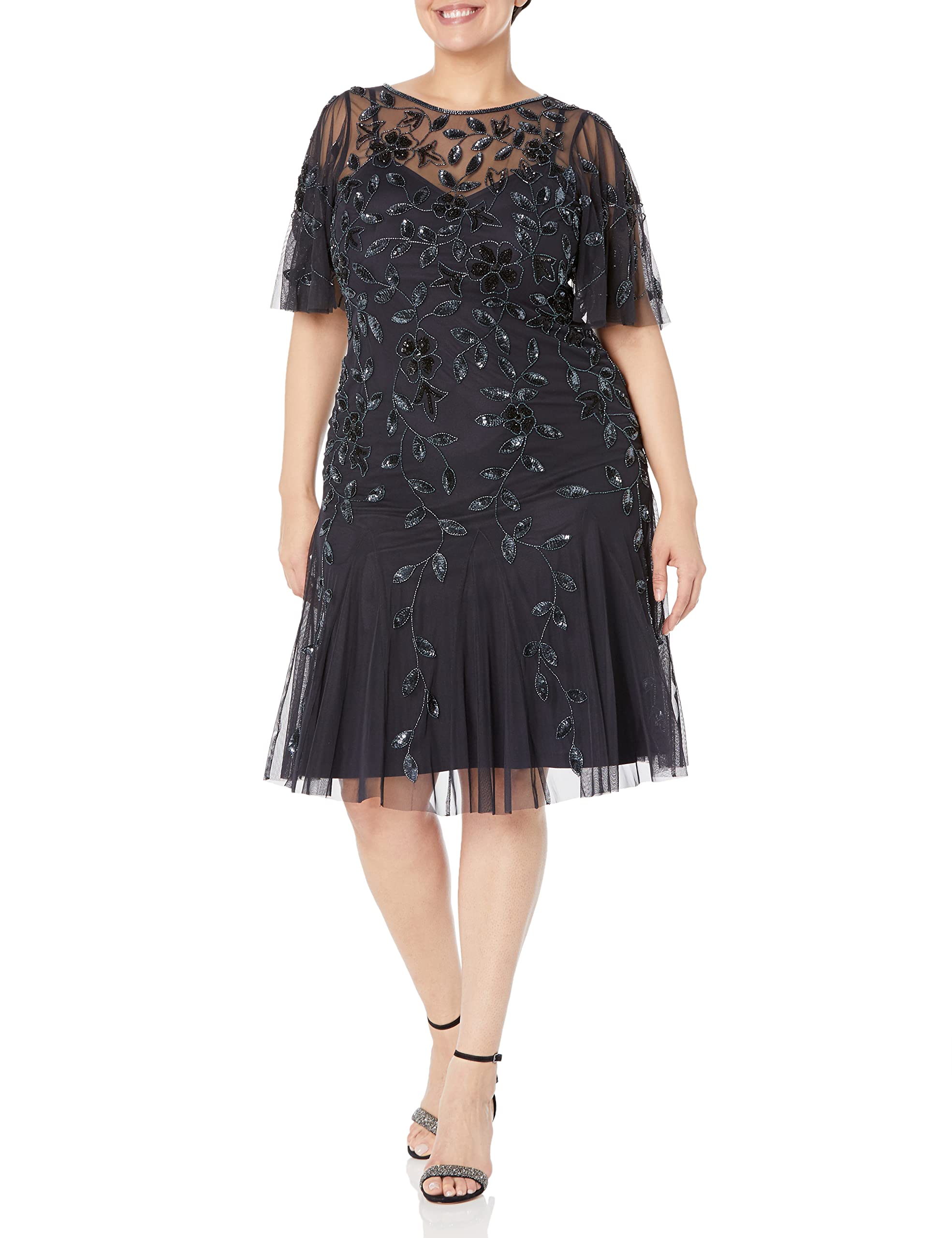 Adrianna Papell Women's Elegant Beaded Midi Dress for Cocktail Party, Wedding Guest & Formal Occasions | Flattering A-Line Silhouette with Sparkling Embellishments
