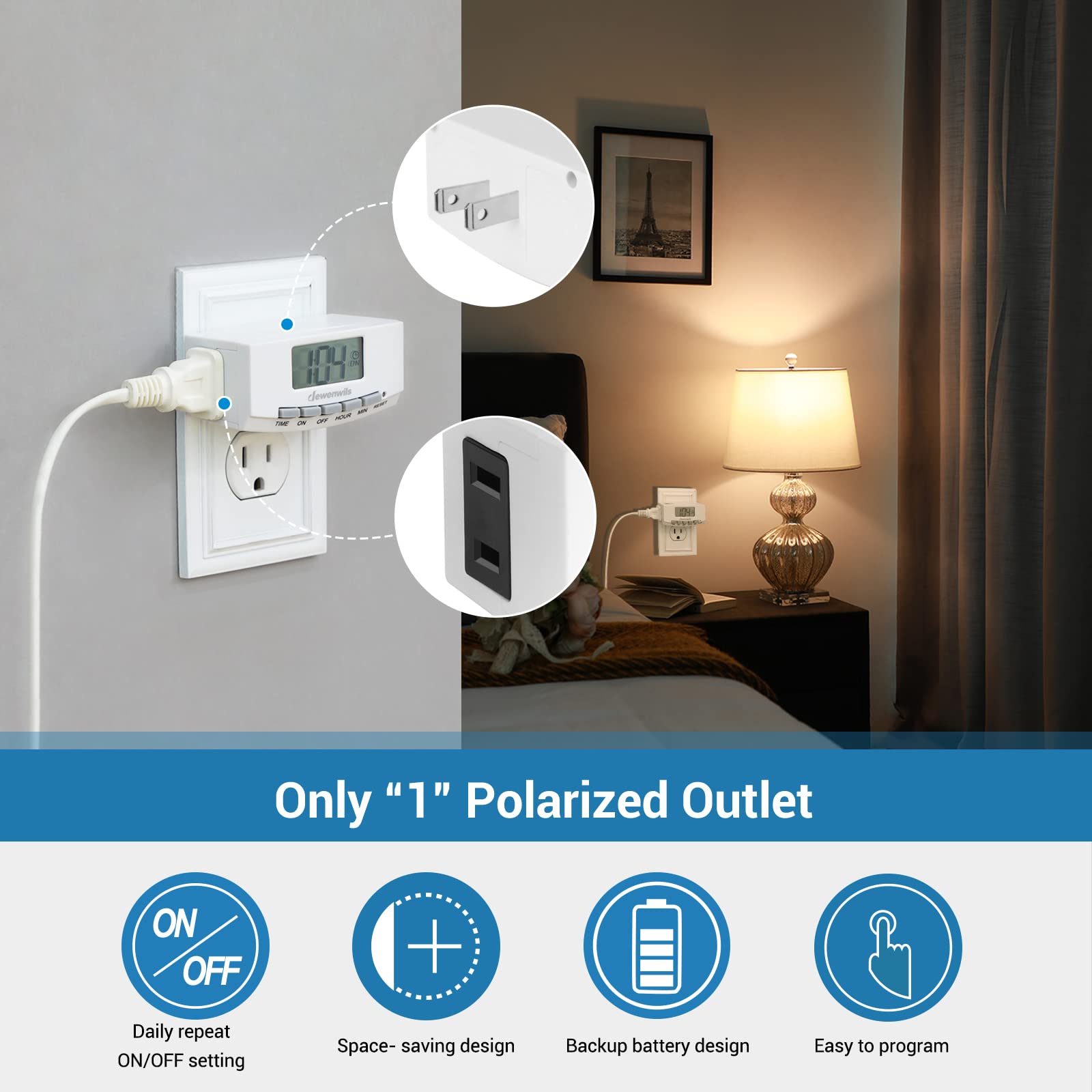DEWENWILS 24-Hour Mechanical Timer Outlet - 2 Pack UL Listed (125V 15A 1000W) with Polarized Plug for Lamps, Heaters, Fans & Aquariums | Perfect for Christmas Lights, Home Automation & Energy Savings