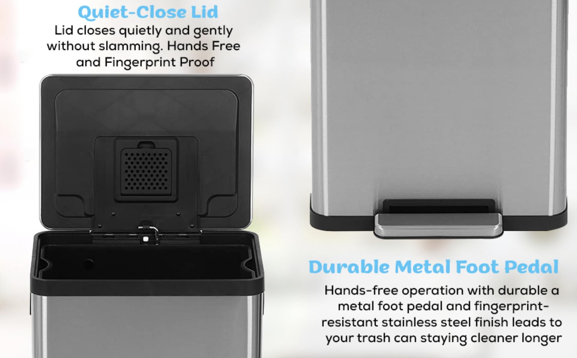 SIMPLI-MAGIC 13.2 Gallon Stainless Steel Trash Can with Soft-Close Lid, Foot Pedal & Built-in Filter - Smudge Resistant, Modern Design for Kitchen, Bathroom & Office Waste Disposal