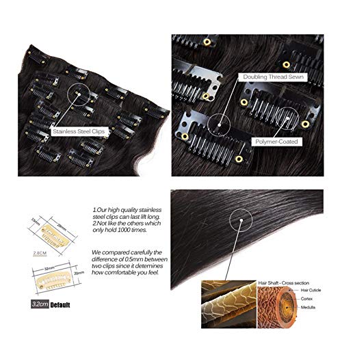 7A Straight Clip-In Human Hair Extensions - 8pcs/set 100g Peruvian Virgin Hair - Natural Black #1B (22inch) for Women - Perfect for Daily Styling, Volume Boost & Special Occasions