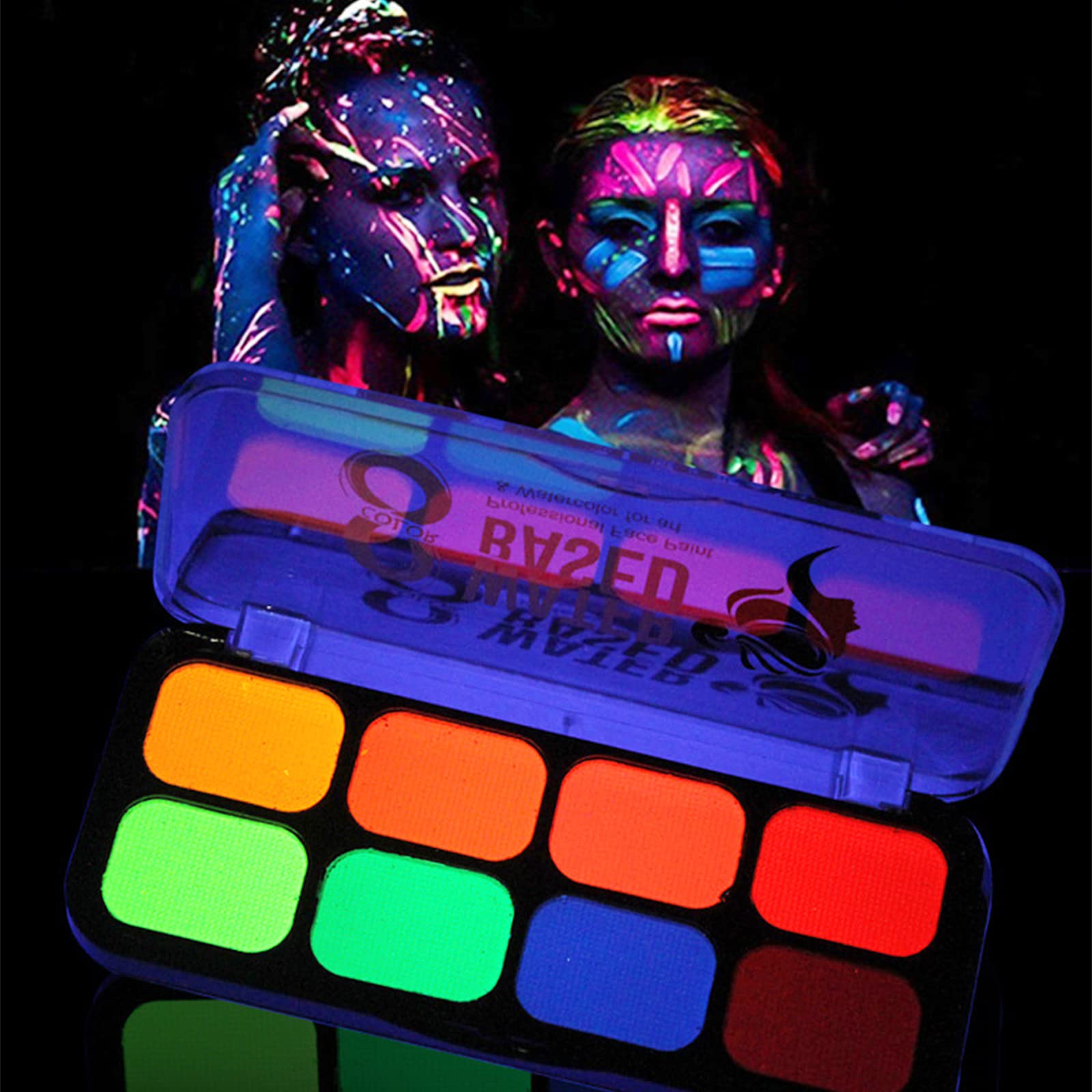 8 Colors UV Glow Neon Face & Body Paint Palette Set - Fluorescent Halloween Cosplay, Party & Carnival Makeup - Non-Toxic, Blacklight Reactive, Safe for Skin - Perfect for Halloween, Raves, Festivals & Night Events