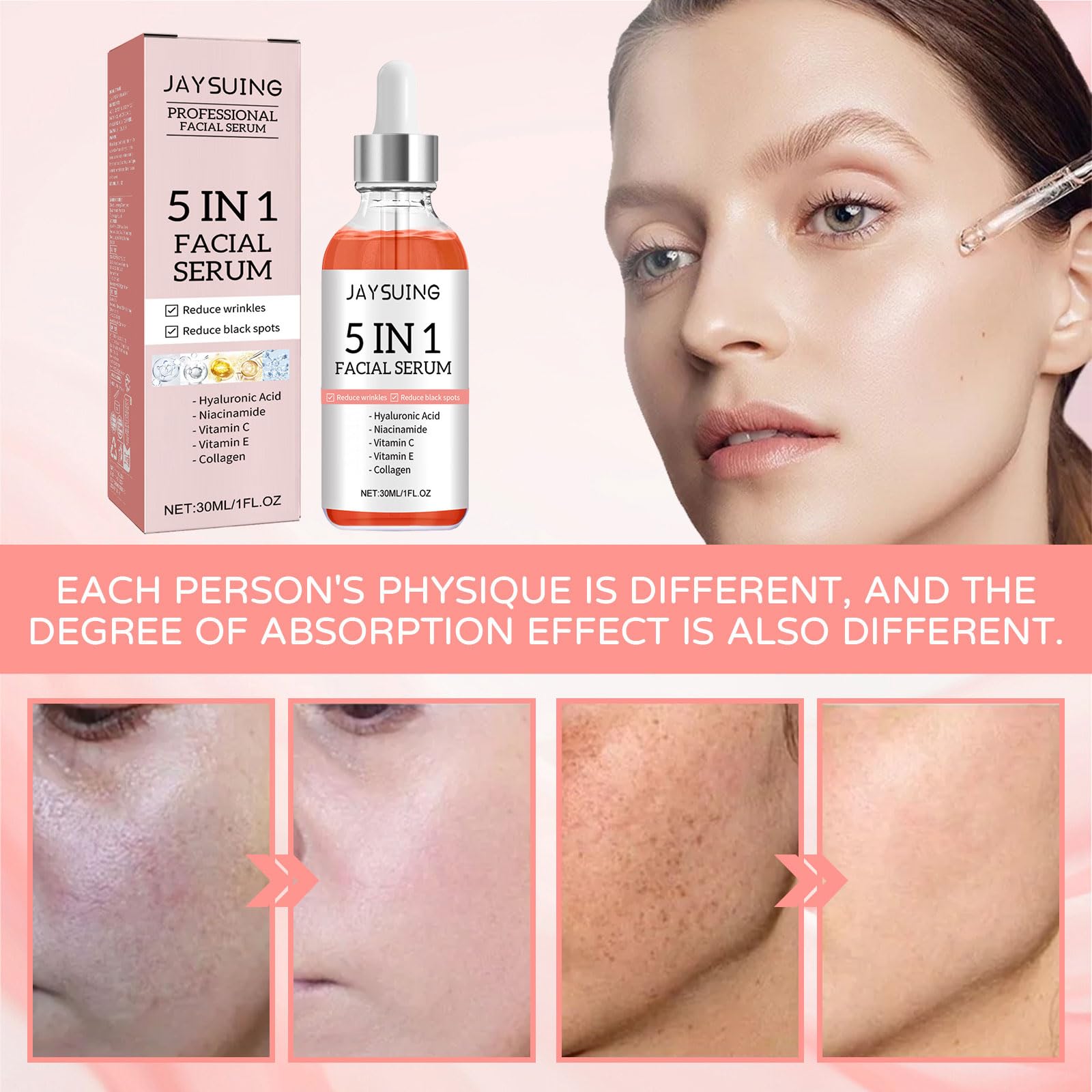 5 in 1 Anti-Aging Facial Serum with 30% Vitamin C, Niacinamide & Hyaluronic Acid - Hydrating Collagen Boost Serum Reduces Wrinkles & Fine Lines - 1.05 Fl.oz for Glowing Skin Day & Night Care