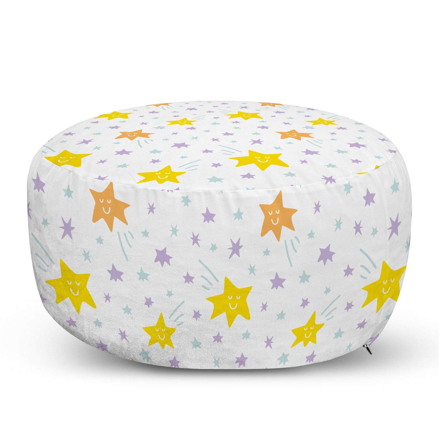 Ambesonne Cartoon Ottoman Pouf with Happy Pastel Stars Pattern - Soft Decorative Foot Rest with Removable Cover for Living Room & Bedroom - White & Multicolor - Perfect for Relaxing, Reading & Home Decor