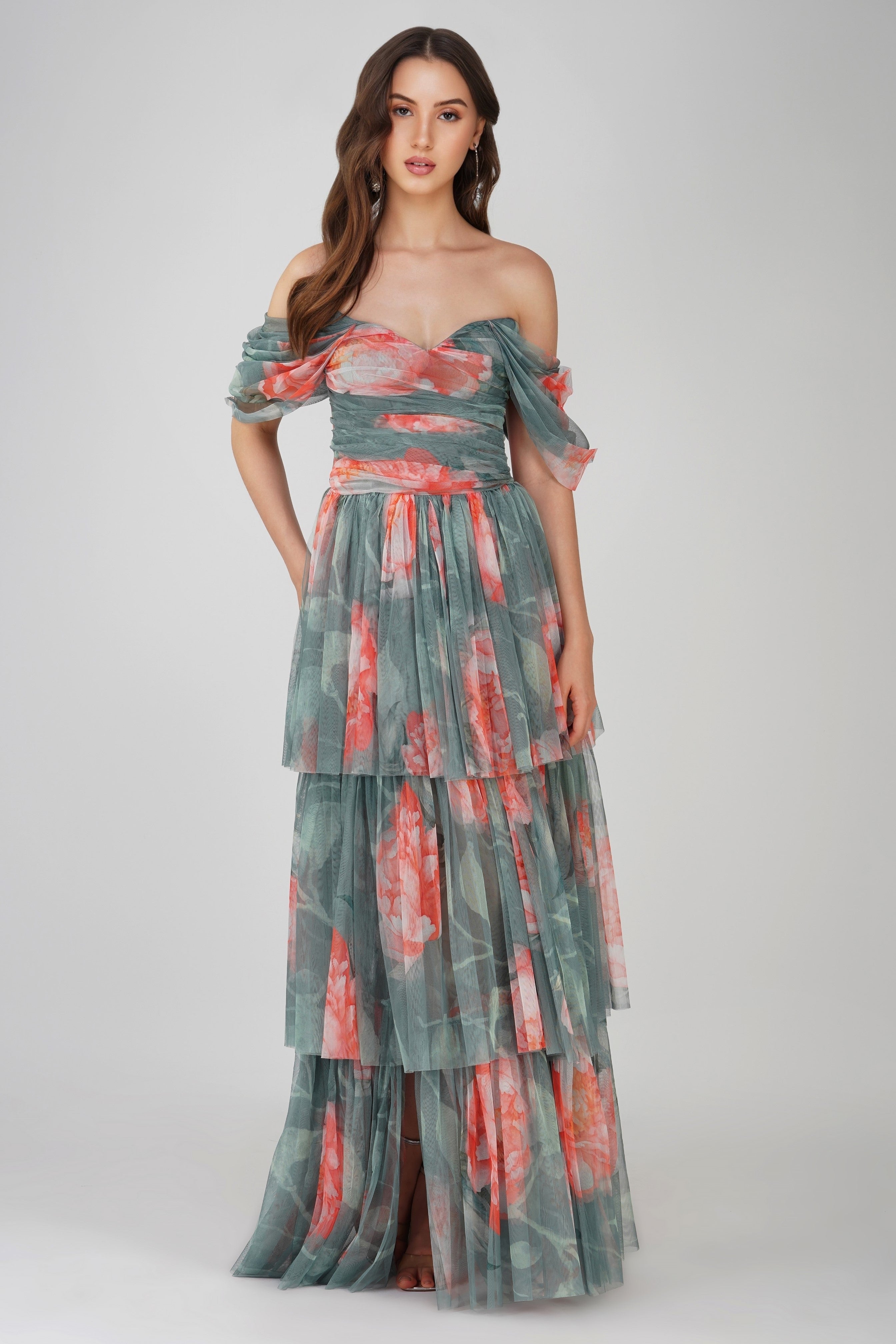 Elegant Sage Green Floral Tulle Maxi Dress for Women | Summer Wedding Guest Dress & Boho Beach Party Outfit