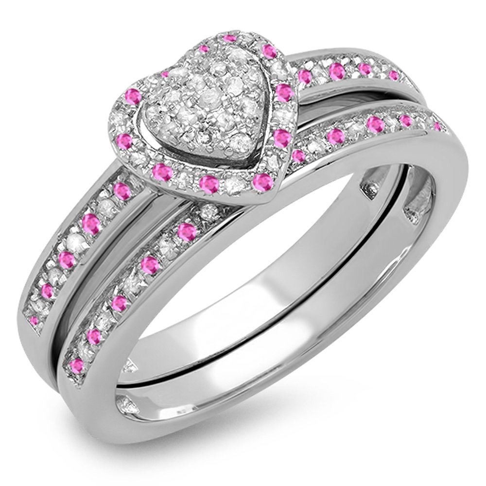 Pink Sapphire & Diamond Heart Engagement Ring Set for Women - Sterling Silver Bridal Jewelry, Wedding & Anniversary Gift Idea