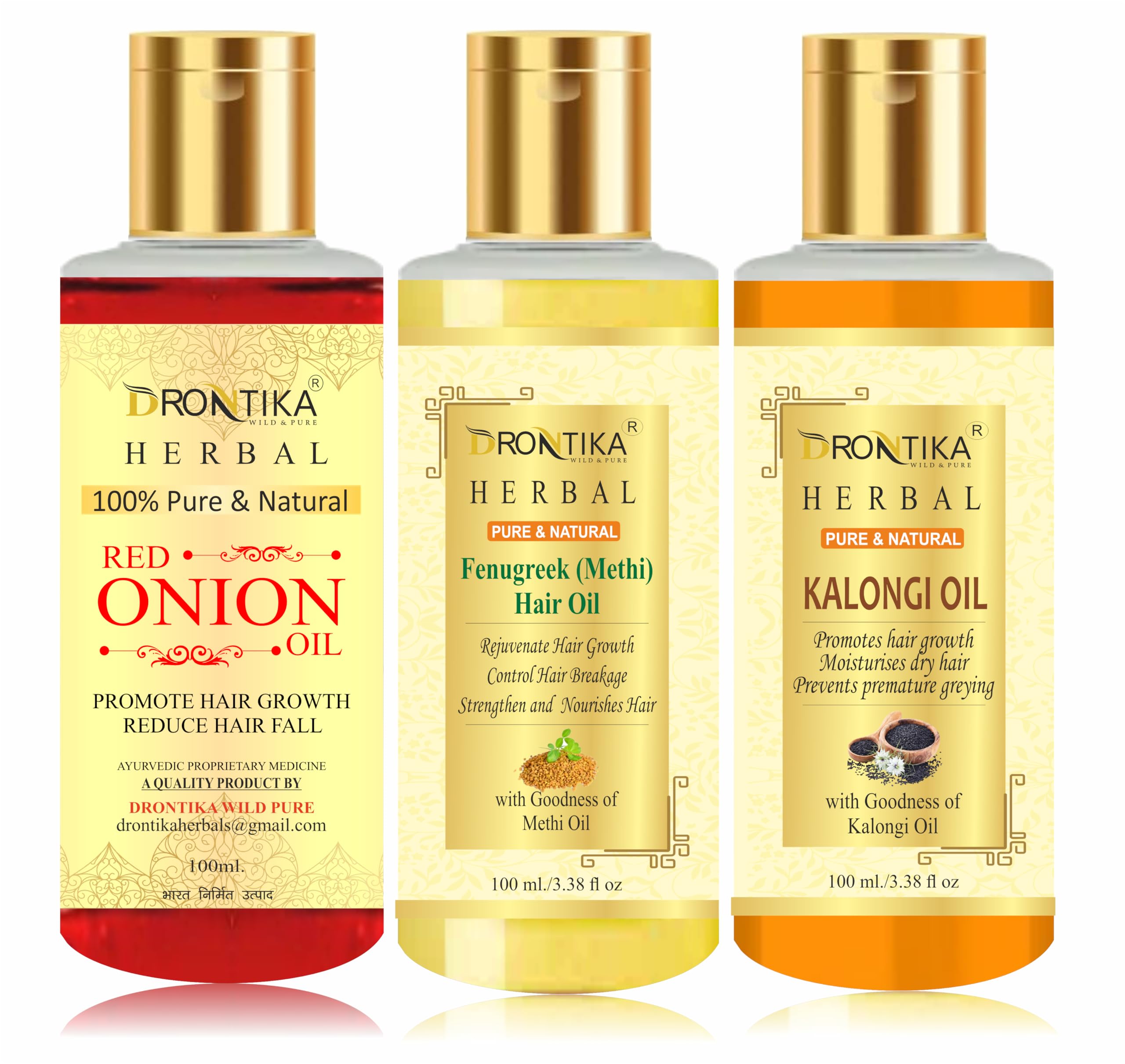 Drontika 100% Pure & Natural Red Onion Oil, Curry Leaves & Fenugreek Oil, Kalonji Oil - Hair Growth Treatment Pack of 3 (300ml) for Thicker, Longer & Healthier Hair - Perfect for Daily Hair Care & Scalp Nourishment