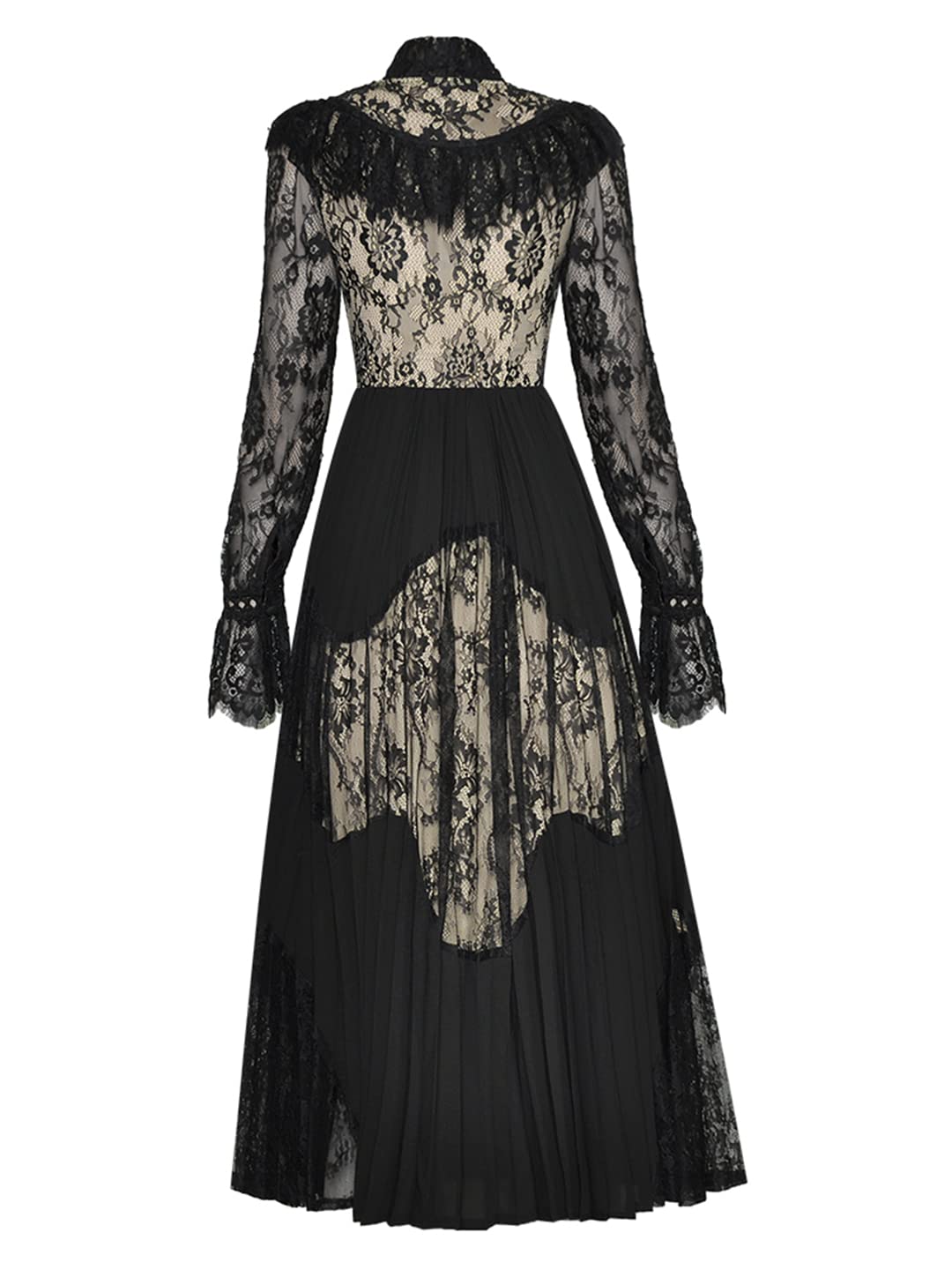Elegant Black Lace Vintage Dress for Women - Long Puff Sleeve Spring Party Gown with Splicing Detail | Perfect for Cocktail Parties, Weddings & Vacation Getaways