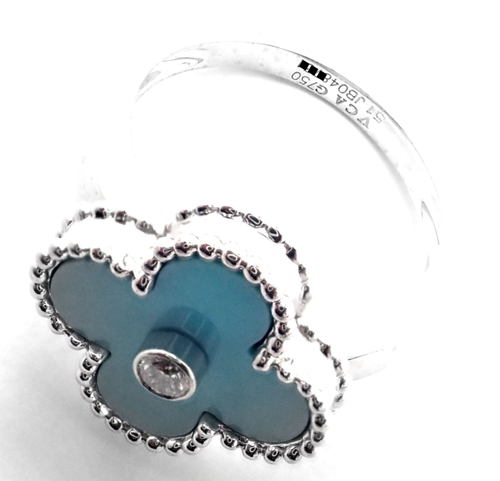 Authentic Van Cleef & Arpels Alhambra 18k White Gold Diamond Turquoise Ring - Luxury Jewelry for Weddings, Anniversaries & Special Occasions