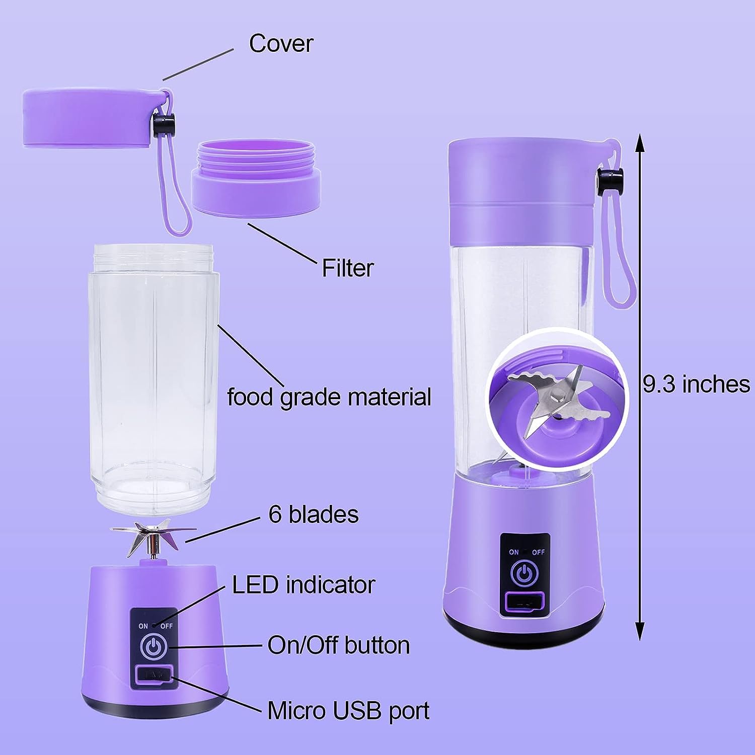 Portable USB Rechargeable Mini Blender for Smoothies & Juices - 350ml Personal Fruit Blender with 6 Blades - Perfect for Gym, Office, Travel & Home Use (Purple)