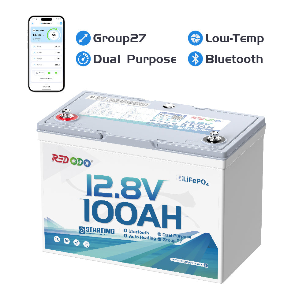 Redodo 12V 100Ah 900CCA Group 27 Deep Cycle Marine Battery with Bluetooth & Auto Heating - Perfect for Boats, RVs, and Off-Grid Power Systems