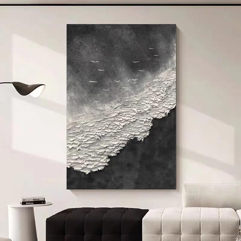 YaSheng Hand-Painted Abstract Oil Painting - Thick Texture Black & White Sea Wave Wall Art, Modern Minimalist Home Decor (24x36 Inch) for Living Room, Bedroom, Dining Room & Office Spaces