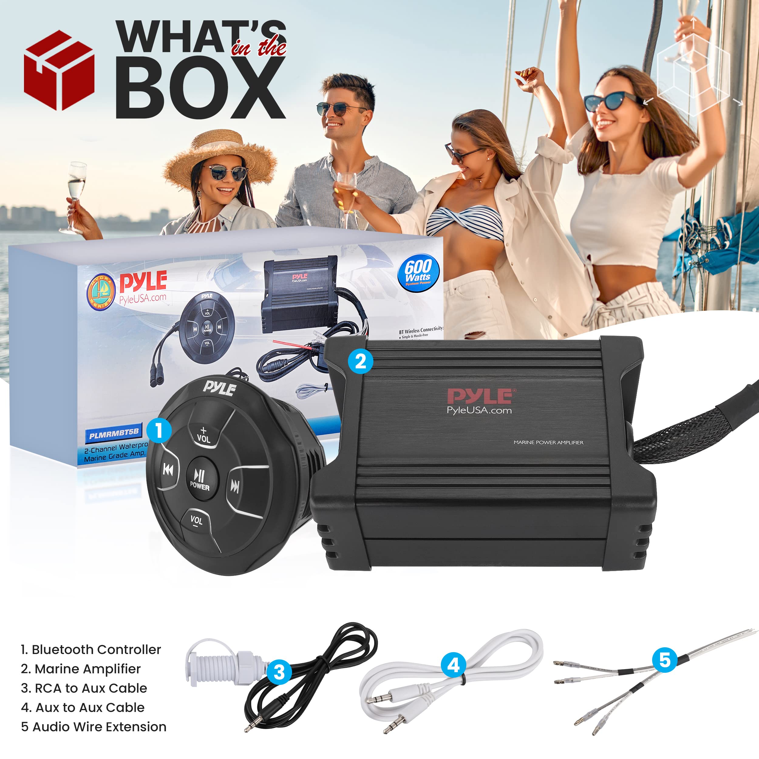 Pyle Waterproof Bluetooth Marine Amplifier Receiver - 600W 2 Channel Weatherproof Wireless Stereo Speaker Amp with RCA, AUX & MP3 Inputs - Ideal for Boats, Outdoor Events & Marine Audio Systems (Black)