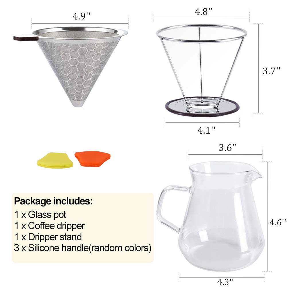 Premium Pour Over Coffee Maker Kit - Stainless Steel Reusable Filter, 600ml Borosilicate Glass Carafe with Silicone Handle | Perfect for Home Brewing, Office Use & Camping Coffee Lovers