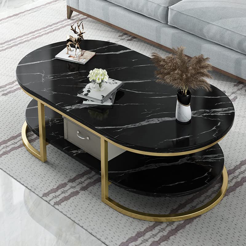 Modern Oval Faux Marble Coffee Table with Gold Metal Frame - Living Room Center Table with Storage Shelf - Cocktail Table for Small Spaces 18