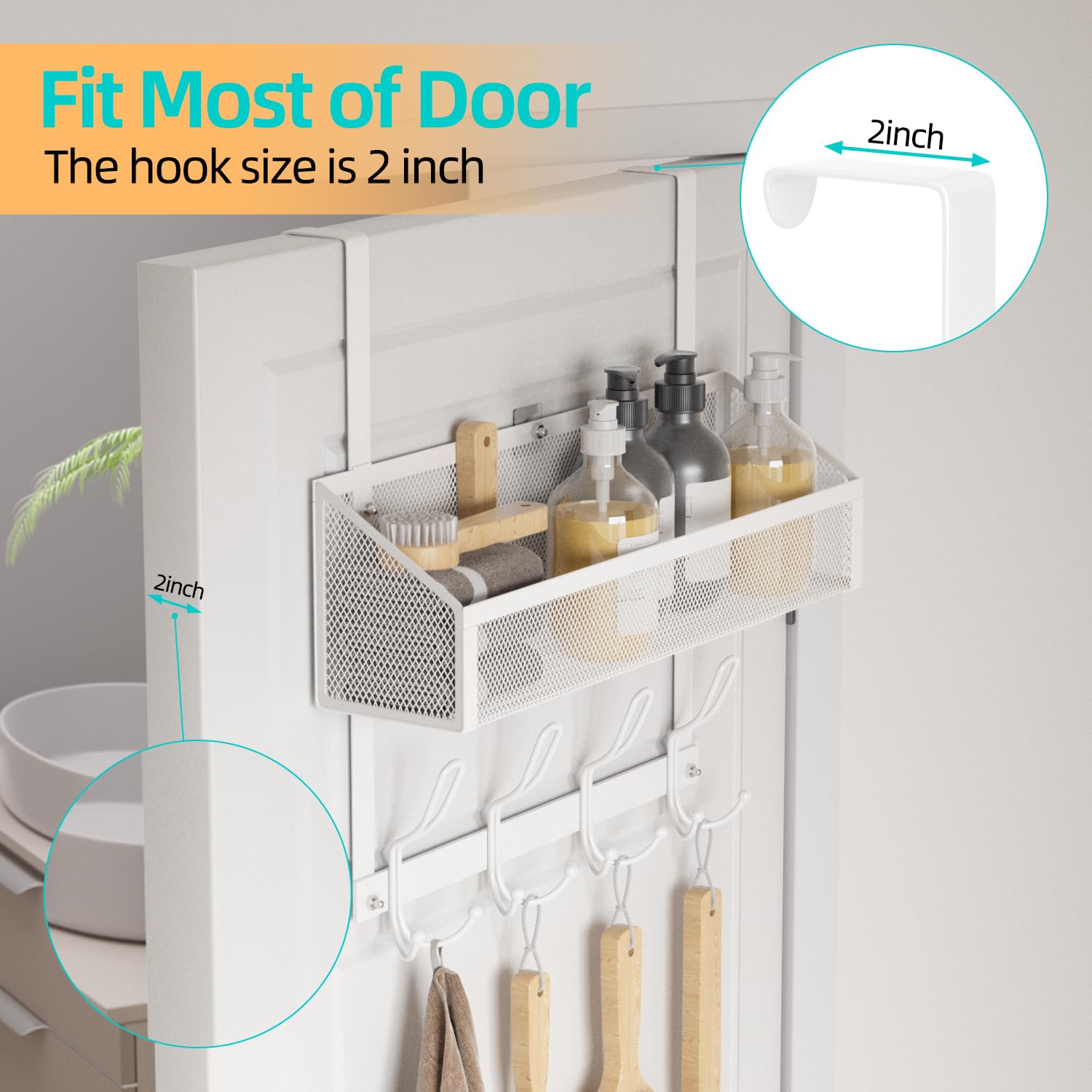 12-Pack Over The Door Hooks Organizer with Mesh Basket - Space Saving Storage Rack for Bedroom, Bathroom, Kitchen & Pantry - Perfect for Towels, Robes, Hats & Accessories (White)