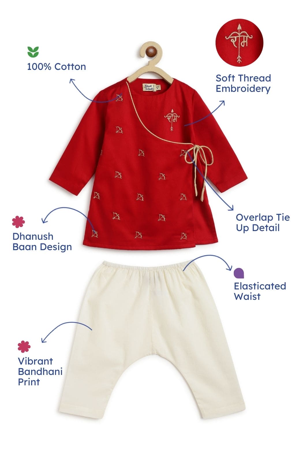 Baby Boys Jai Shri Ram Kurta Pyjama Set - Traditional Indian Cotton Outfit for Festivals & Pooja (Red) - Perfect for Diwali, Holi & Religious Ceremonies