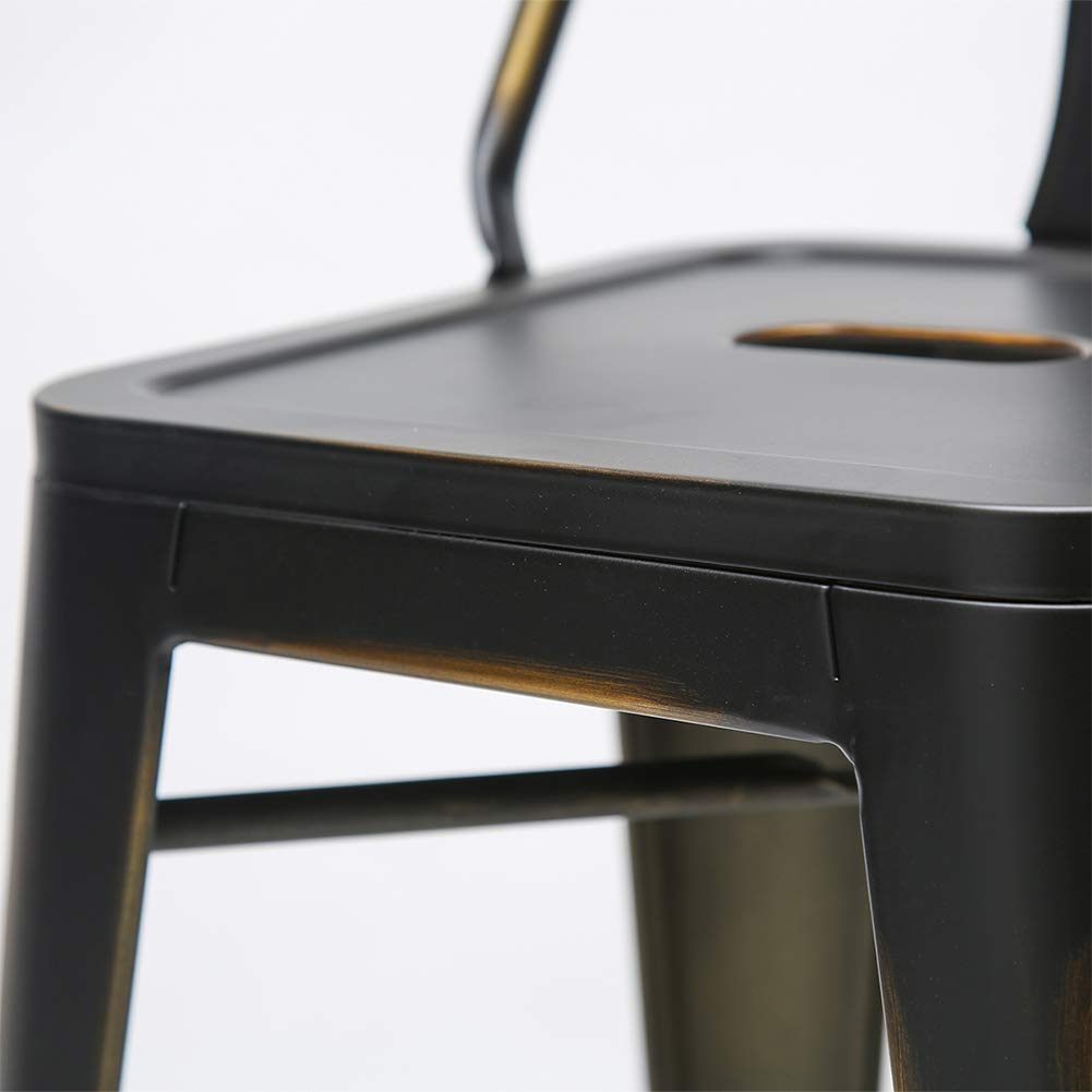 Aklaus Industrial Metal Bar Stools Set of 4 - 30 Inch Bar Height Stools with Back, Distressed Gold Finish - Modern Kitchen & Dining Chairs for Indoor/Outdoor Use - Perfect for Home Bars, Kitchen Islands, and Patio Seating